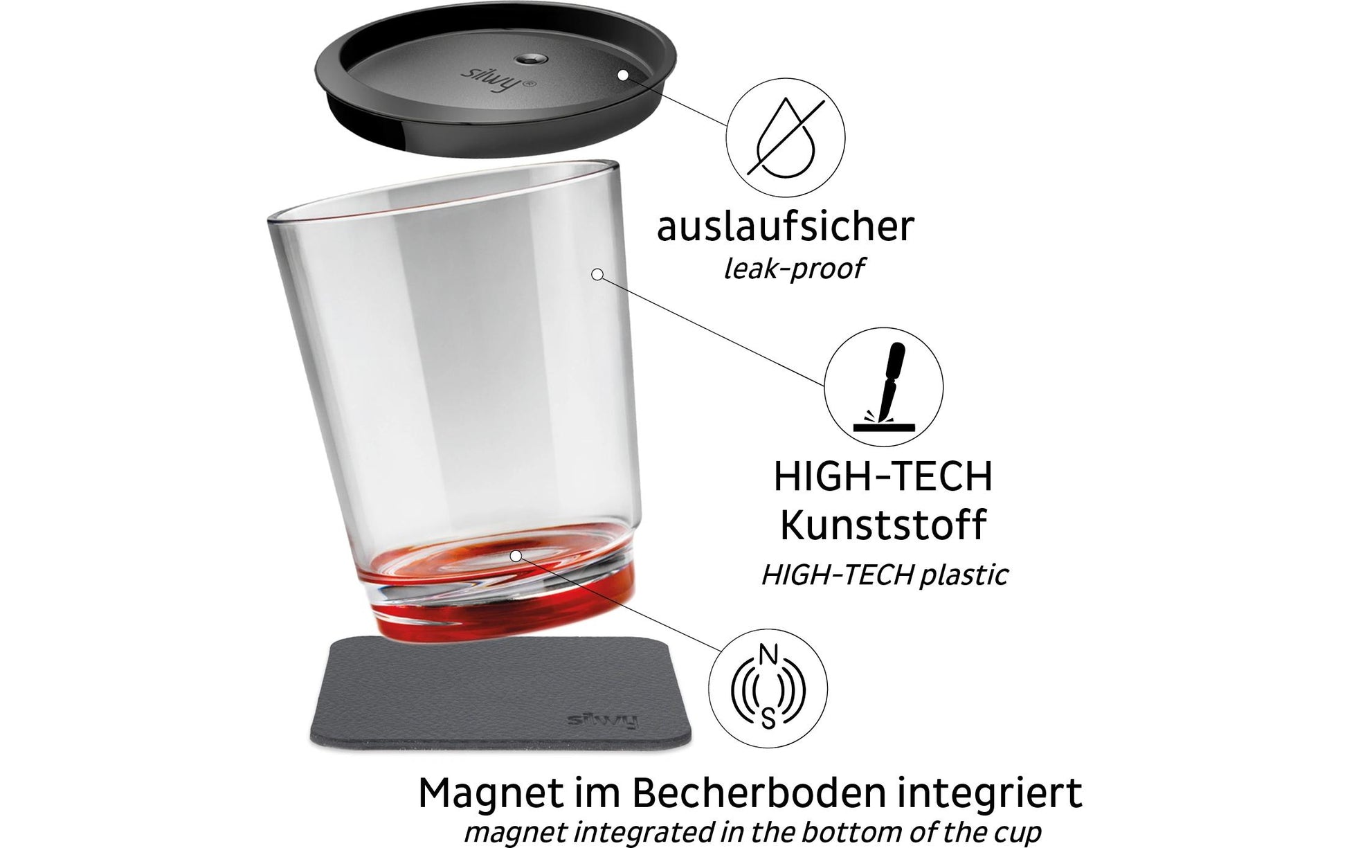 Silwy Trinkbecher S025-1502-1 – 250 ml, Ø 8,2 cm, H 10,0 cm, Kunststoff, Rot, mit Deckel, BPA-frei
