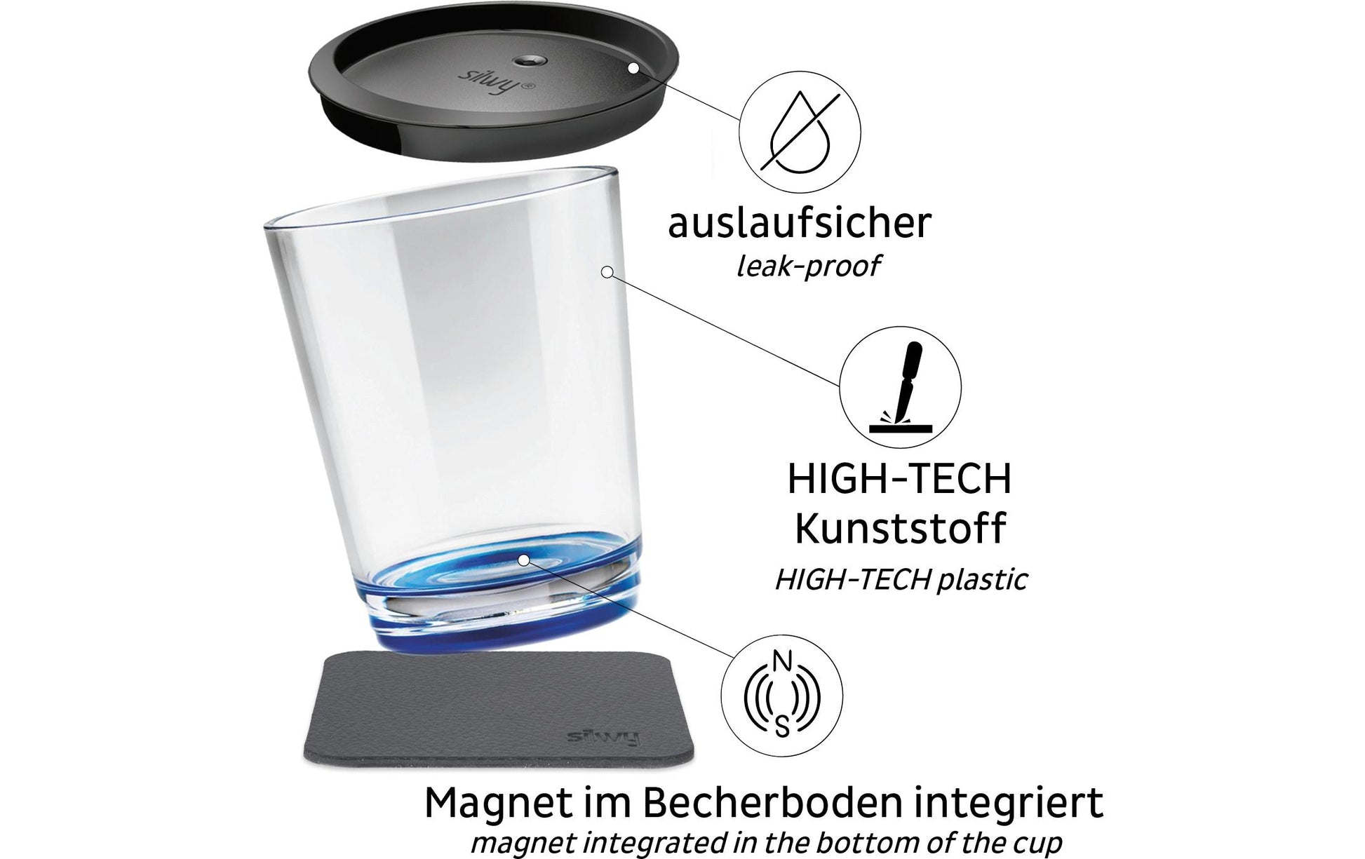 Silwy Trinkbecher – 250 ml, 8,2 × 10,0 cm, Kunststoff, Blau, mit Deckel, bruchfest, BPA-frei