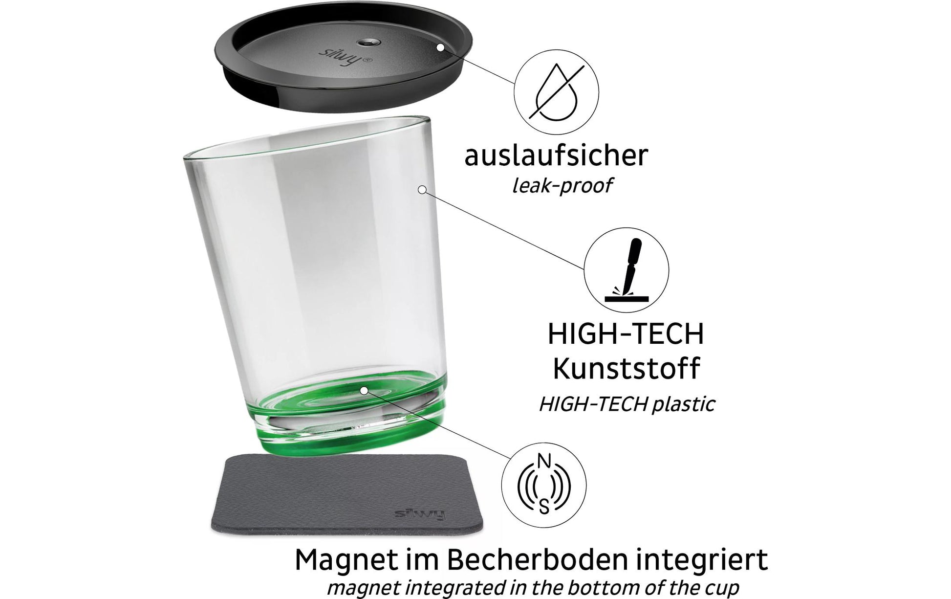 Silwy Trinkbecher S025-1504-1 – 250 ml, Ø 8,2 × H 10,0 cm, Kunststoff, Grün, mit Deckel, bruchfest, BPA-frei