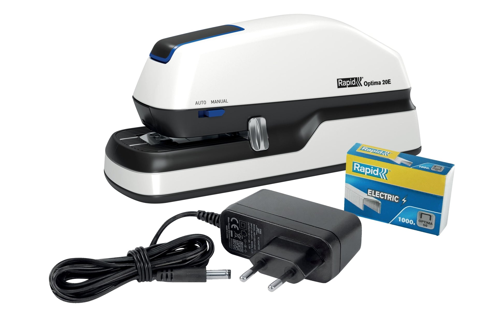 Rapid Optima 20E – Elektrischer Hefter, geschlossene Heftung, Einlegetiefe 42 mm, Weiss/Grau/Blau