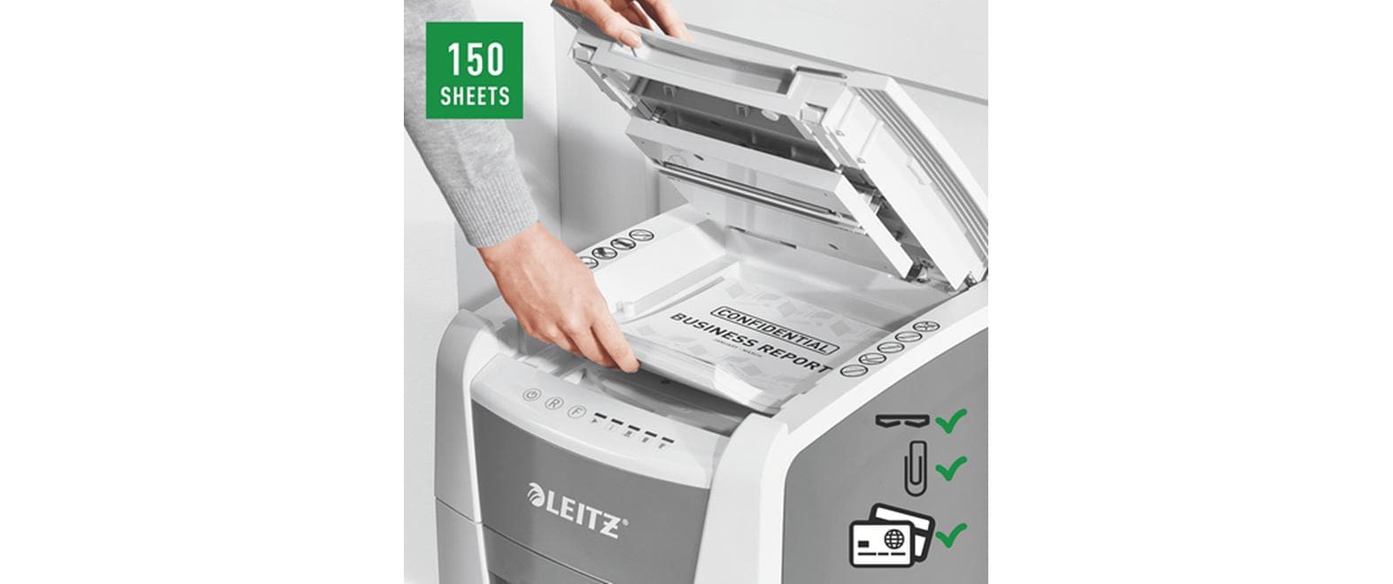 Leitz bürogeräte Leitz IQ Autofeed Office150 – Aktenvernichter mit Autofeed 150 Blatt, DIN P-5, Mikroschnitt 2 × 15 mm, 44 l