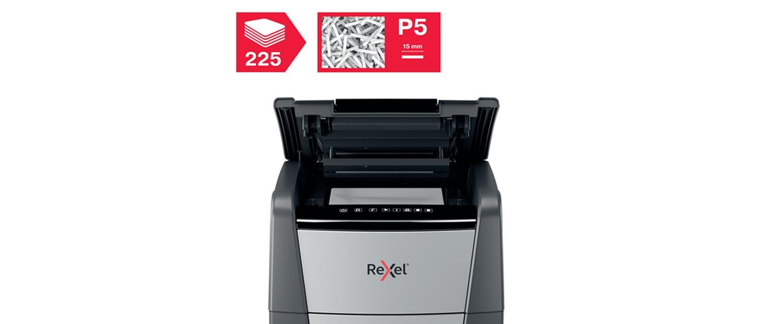 Rexel Optimum AutoFeed+ 225M – Aktenvernichter mit Autofeed 225 Blatt, DIN P-5, Mikroschnitt 2 × 15 mm, 60 l