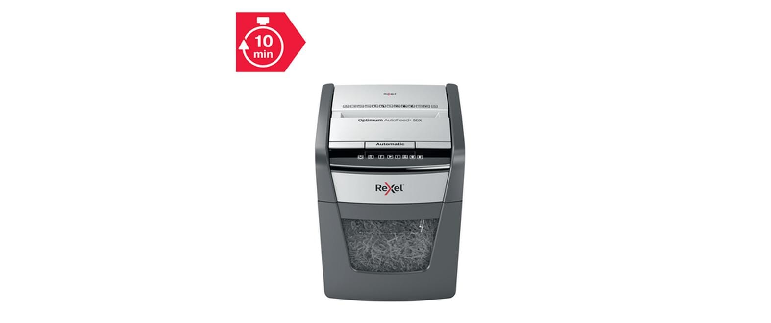 Rexel Optimum AutoFeed+ 50X – Aktenvernichter mit Autofeed 50 Blatt, DIN P-4, Partikelschnitt 4 × 28 mm, 20 l