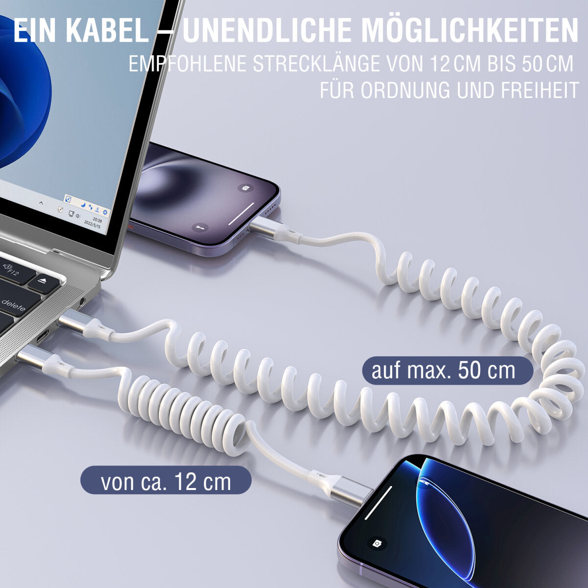 4smarts USB-C auf USB-C Kabel – USB 2.0 (480 Mbit/s) – 1,35 m – PD 100 W – Spiralkabel, TPU-Mantel – Weiss