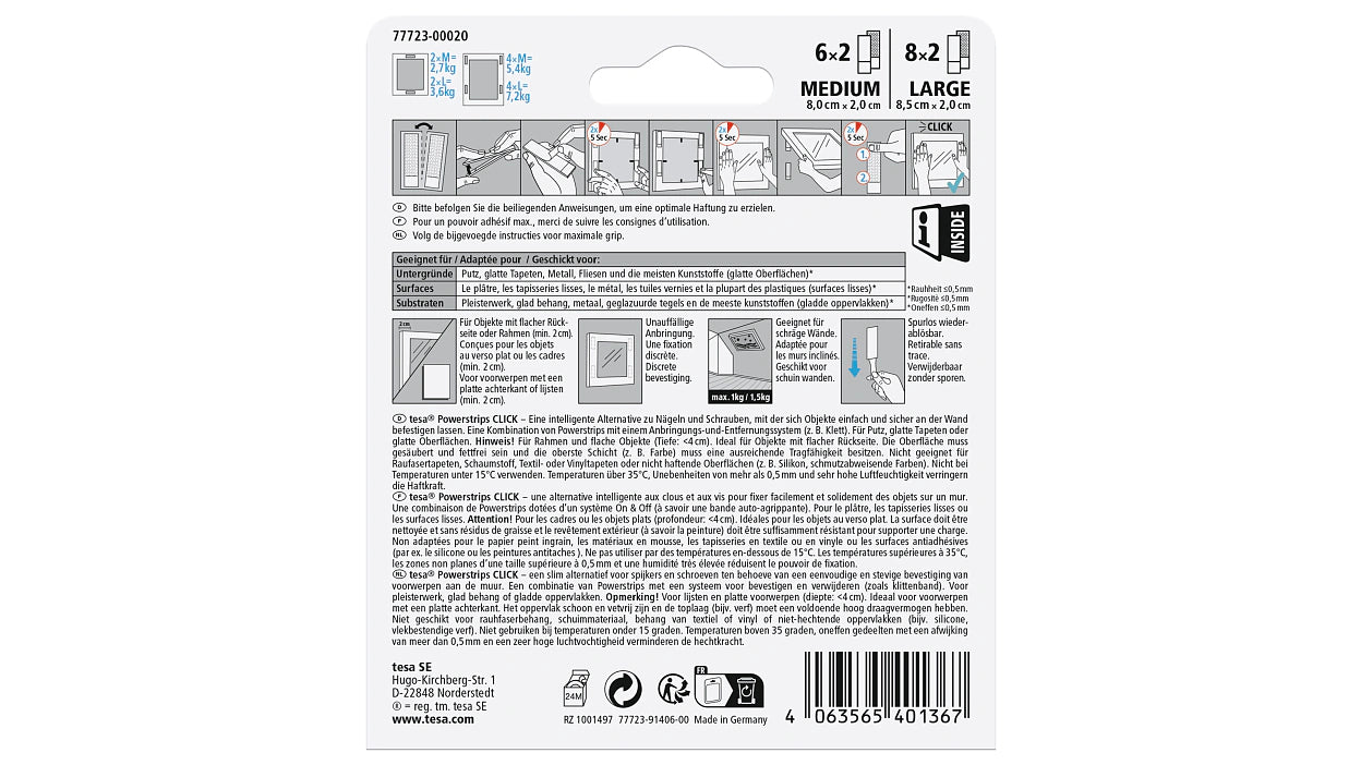 TESA Powerstrips CLICK Montagestreifen – weiss, bis 7,2 kg, 28 Stk., für Innen