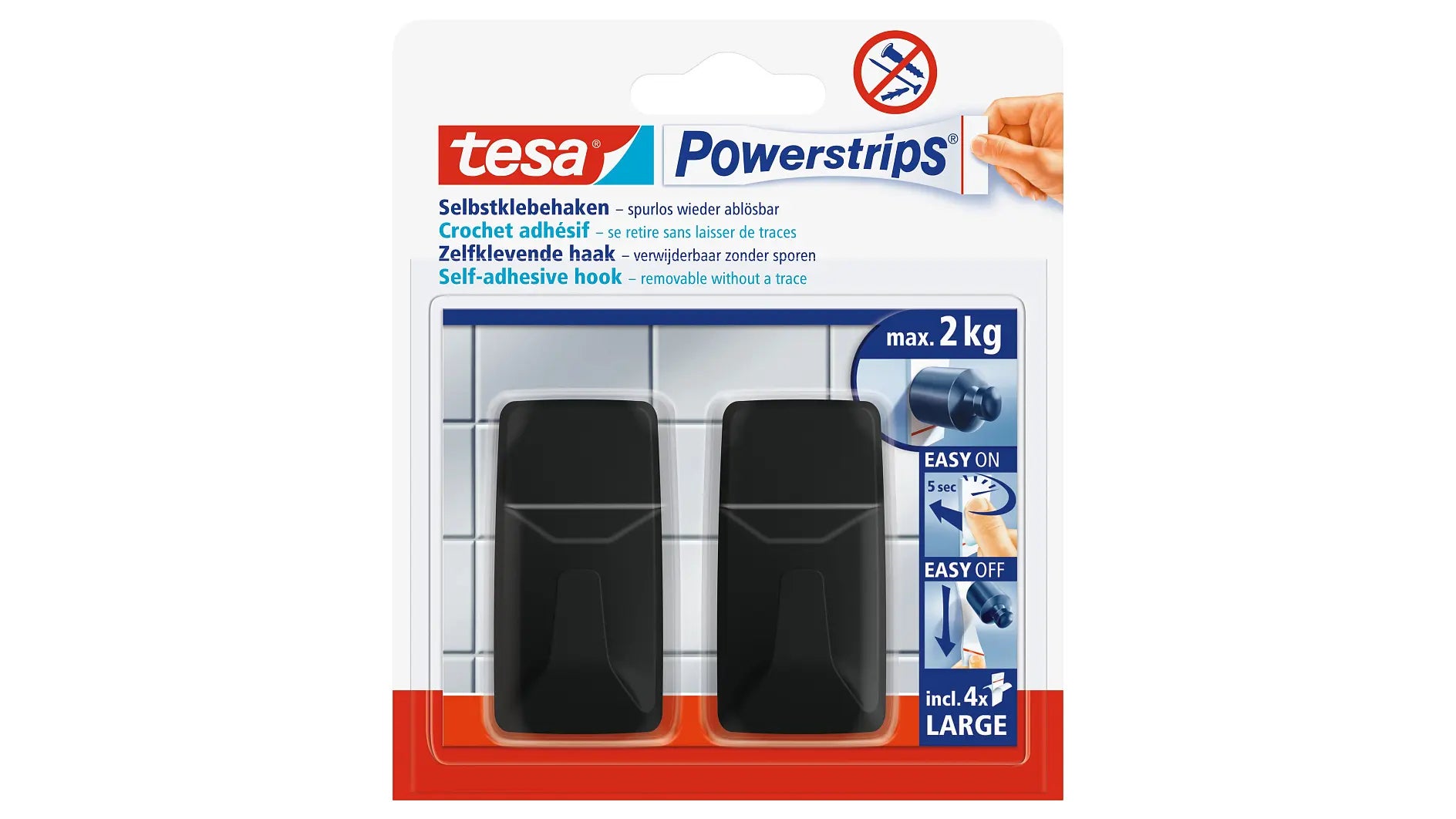 TESA Haken – Polystyrol – schwarz – selbstklebend, leicht entfernbar – 57 × 29 × 21 mm
