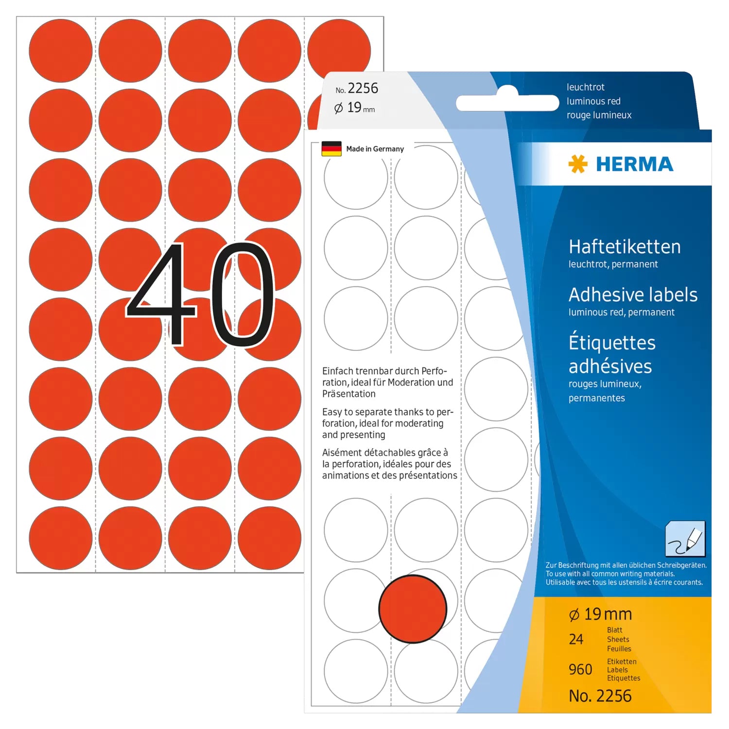 HERMA Schmucketiketten – Motiv einfarbig leuchtrot – Papier, 960 Stk, 24 Bogen, Ø 19 mm, permanent haftend