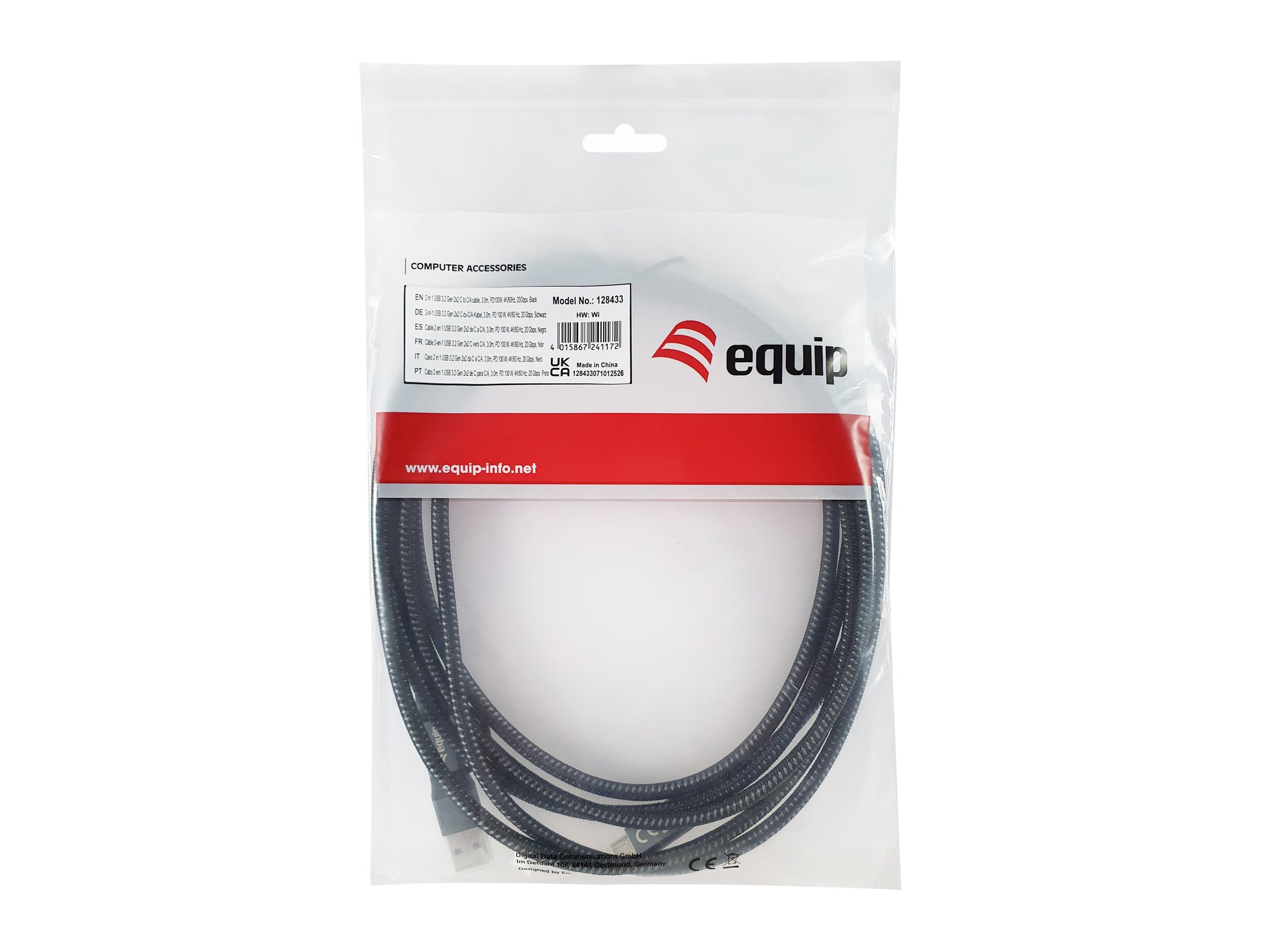 Equip USB-A/USB-C auf USB-C Kabel – USB 3.2 Gen 2x2 (20 Gbit/s) – 3 m – PD 100 W – 4K – Schwarz