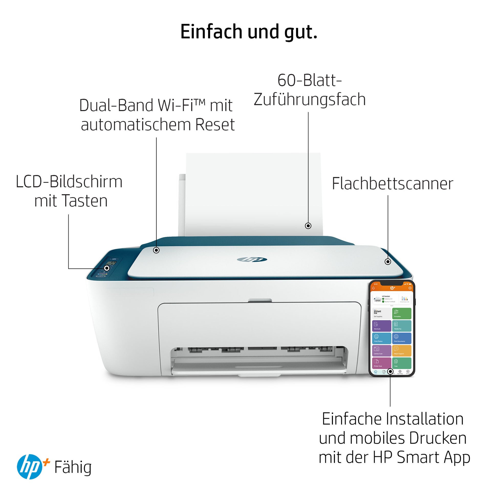 HP DeskJet 2721e – Farbtintenstrahl-Multifunktionsdrucker, A4, 3-in-1, Duplex, WLAN, AirPrint