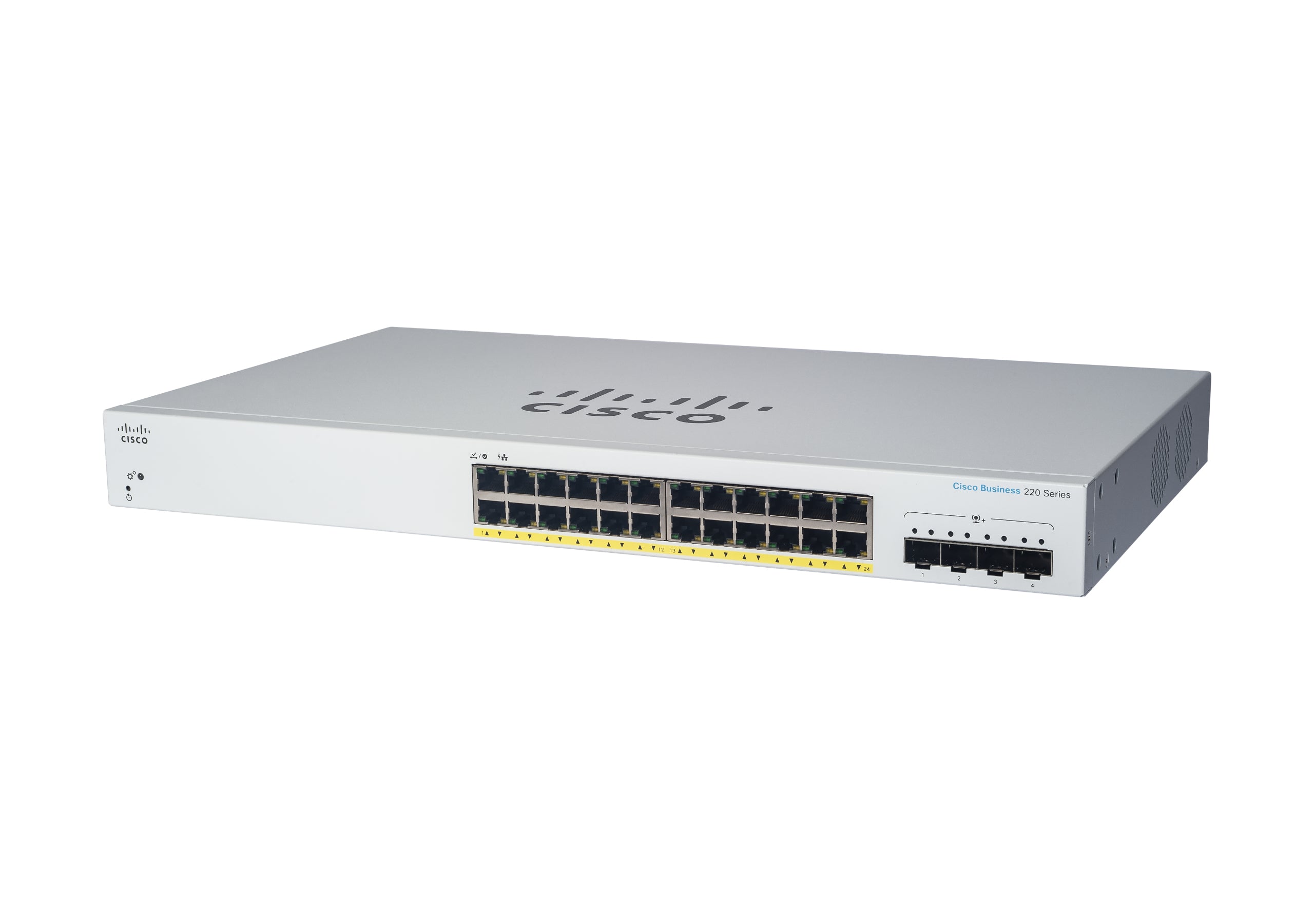 Cisco CBS220-24P-4G – Managed L2 Switch – 24× 1G, 4× SFP, PoE, PoE-Budget 195 W, 19", 1U