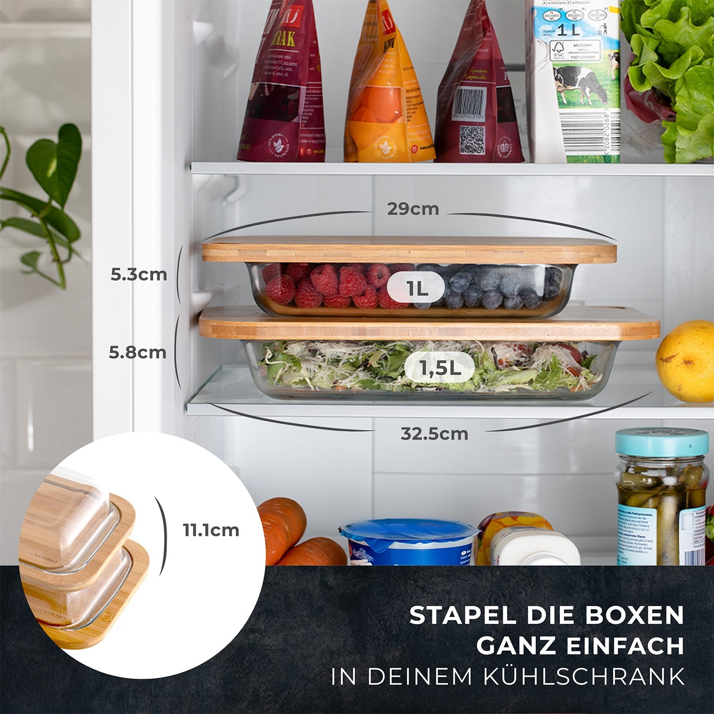 Exitoso Vorratsdose 1,5 l + 1 l, Glas/Bambus, Weiss, 2 Stk.
