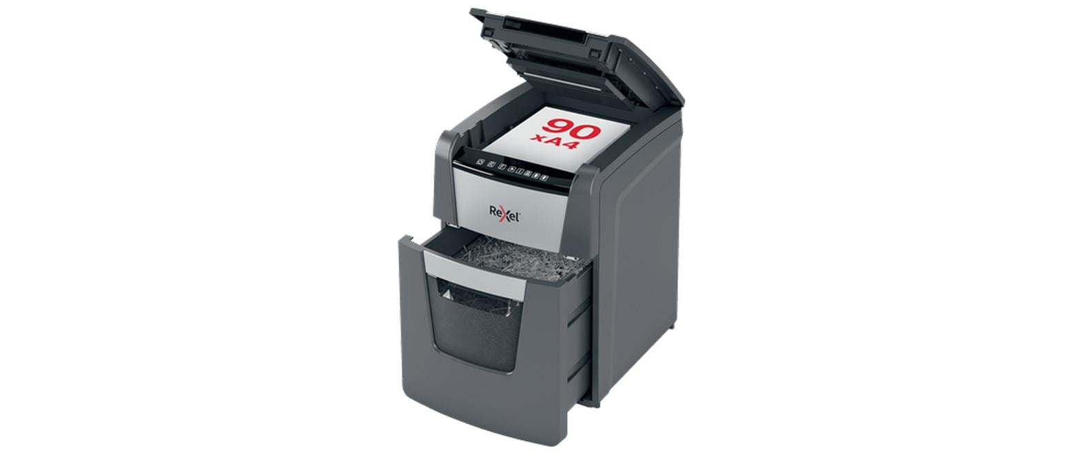 Rexel Optimum AutoFeed+ 90X – Aktenvernichter mit Autofeed 90 Blatt, DIN P-4, Partikelschnitt 4 × 28 mm, 34 l