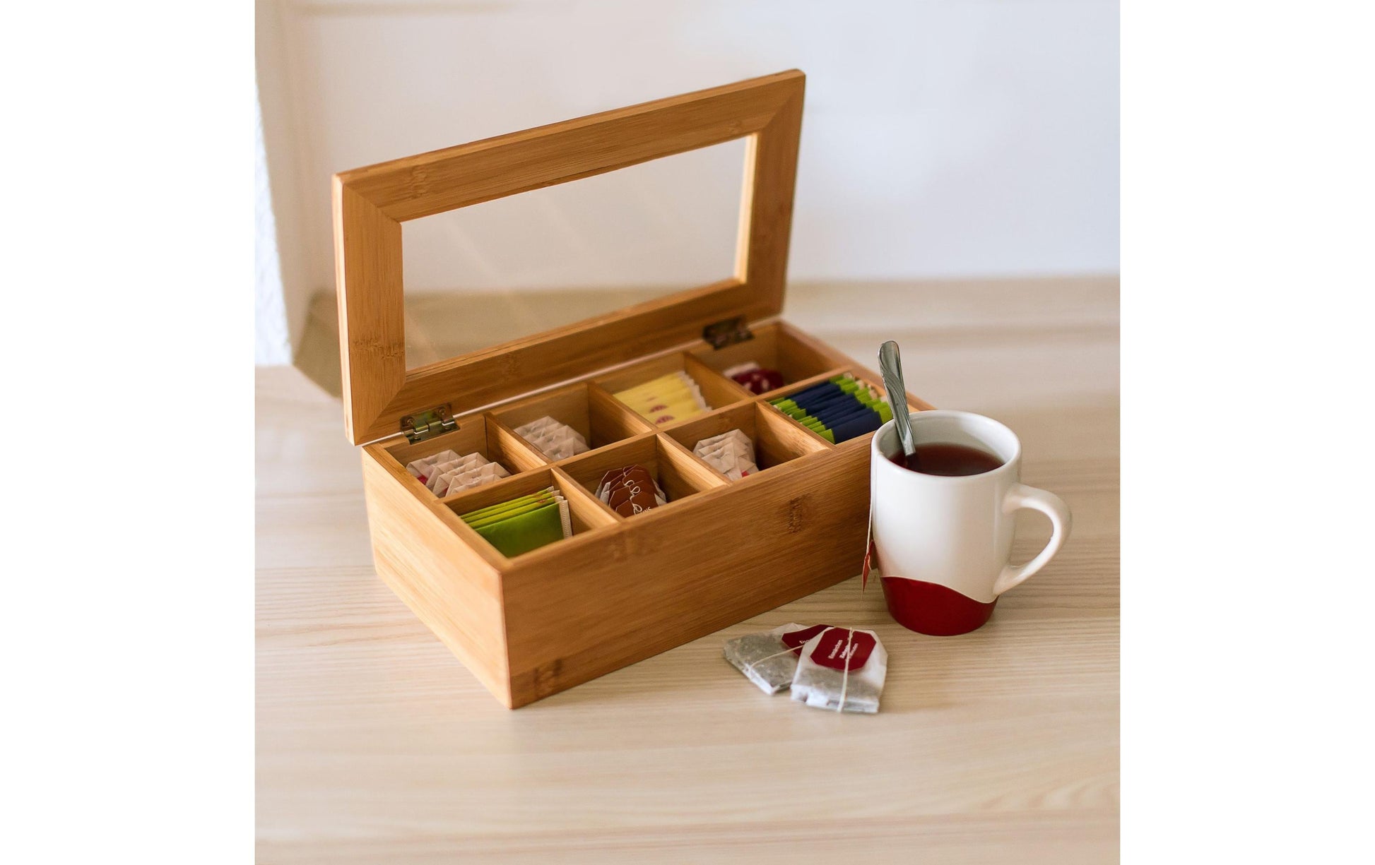 Relaxdays Teebeutelbox Bambus/Kunststoff, 8 Fächer, 28 × 16 × 9 cm