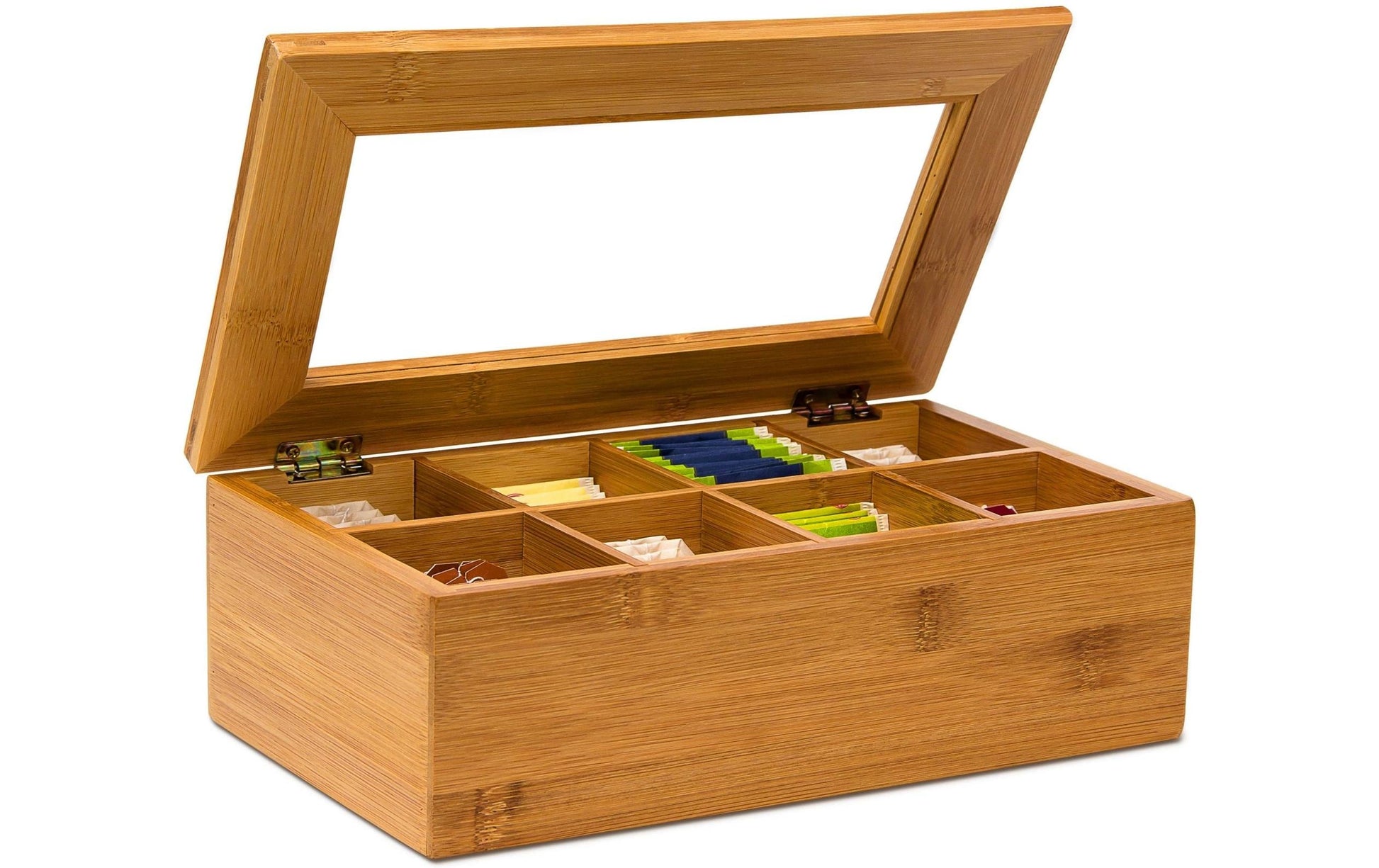 Relaxdays Teebeutelbox Bambus/Kunststoff, 8 Fächer, 28 × 16 × 9 cm