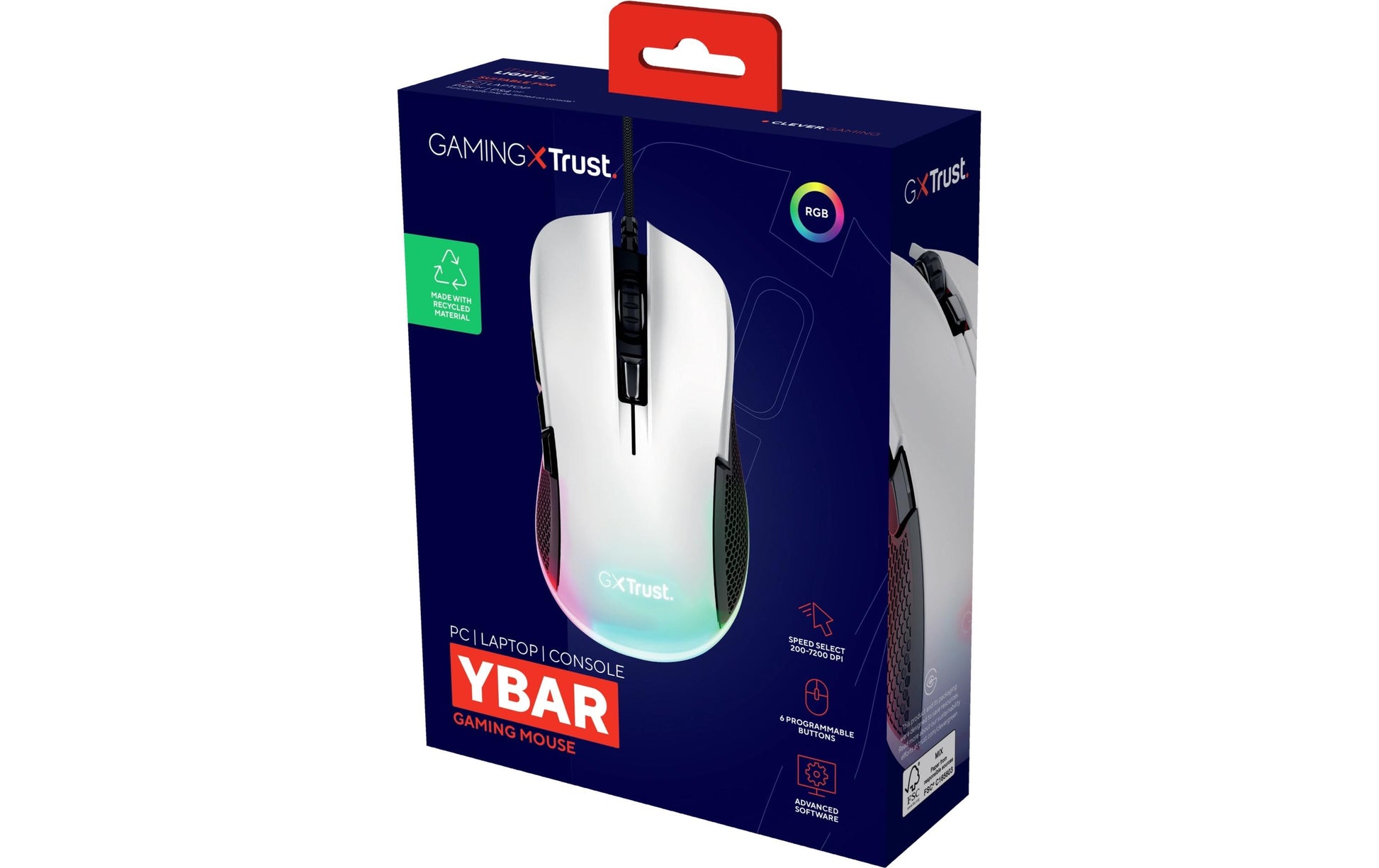 Trust GXT922W Ybar Gaming-Maus – kabelgebunden, 1'000 Hz, 6 Tasten, beidhändig, RGB-Beleuchtung, weiss