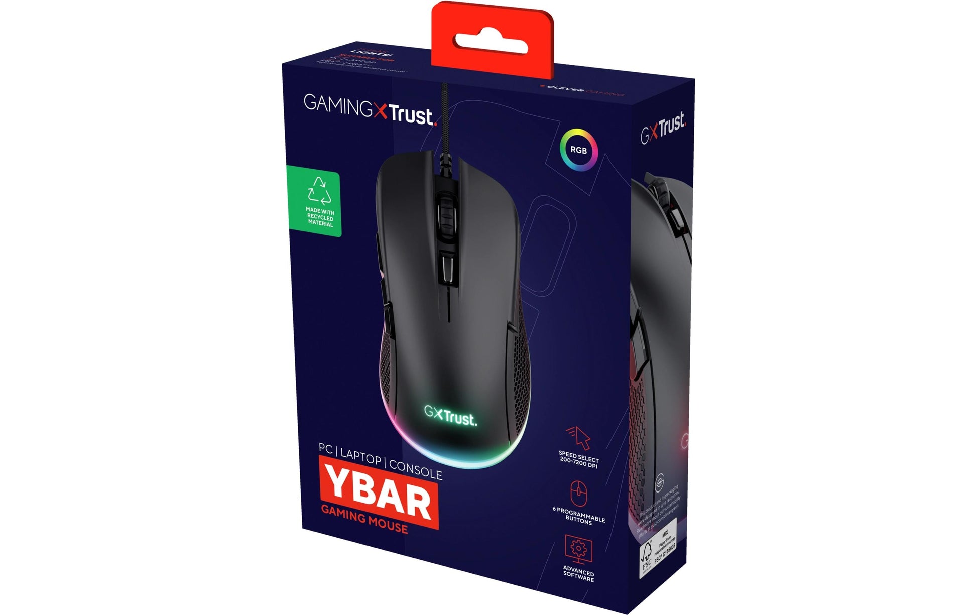 Trust GXT 922 Ybar – Gaming-Maus – Kabelgebunden (USB-A), 7200 DPI, RGB-Beleuchtung, rechts, Schwarz