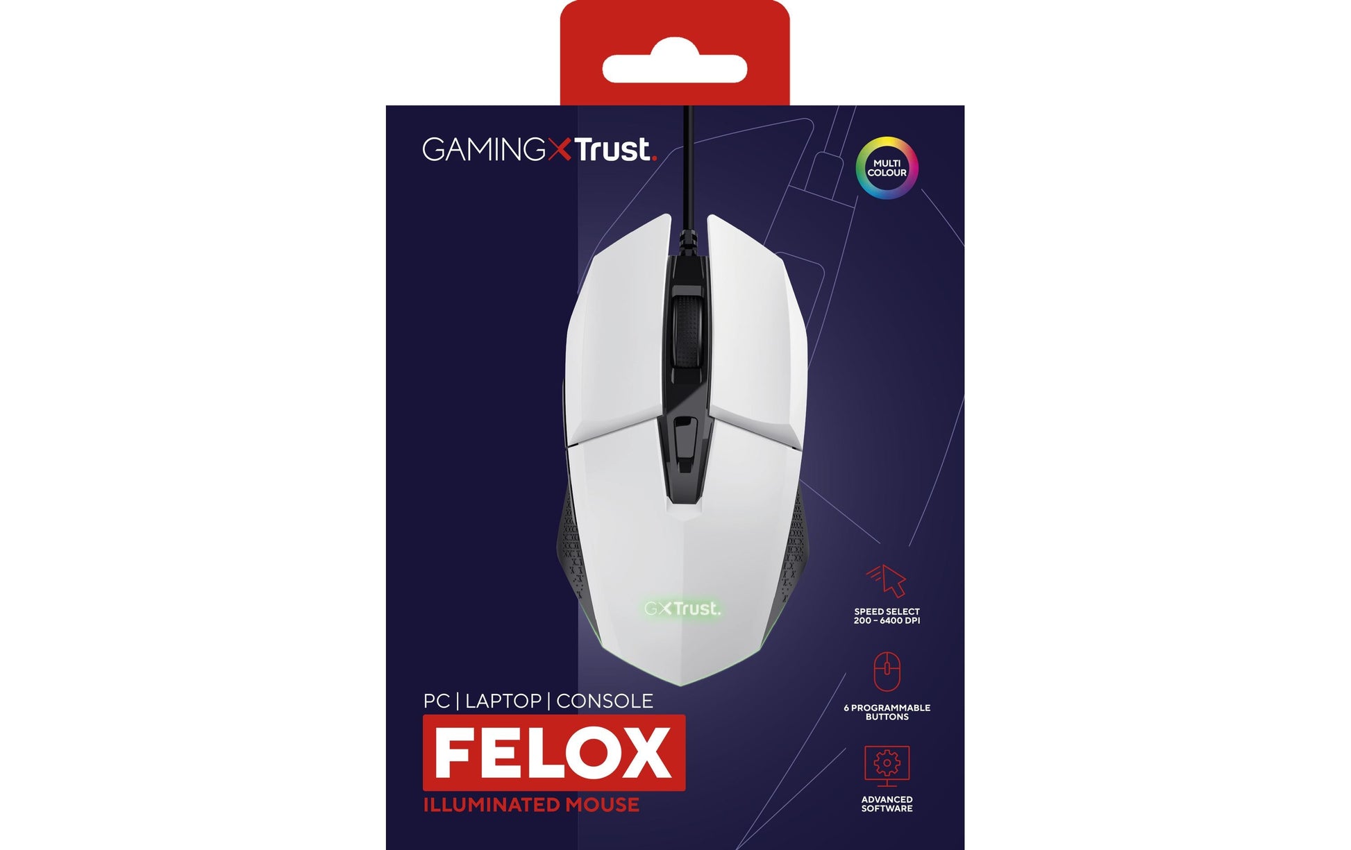 Trust GXT 109W Felox – Gaming-Maus – Kabelgebunden (USB-A), 6400 DPI, Rechts, Weiss