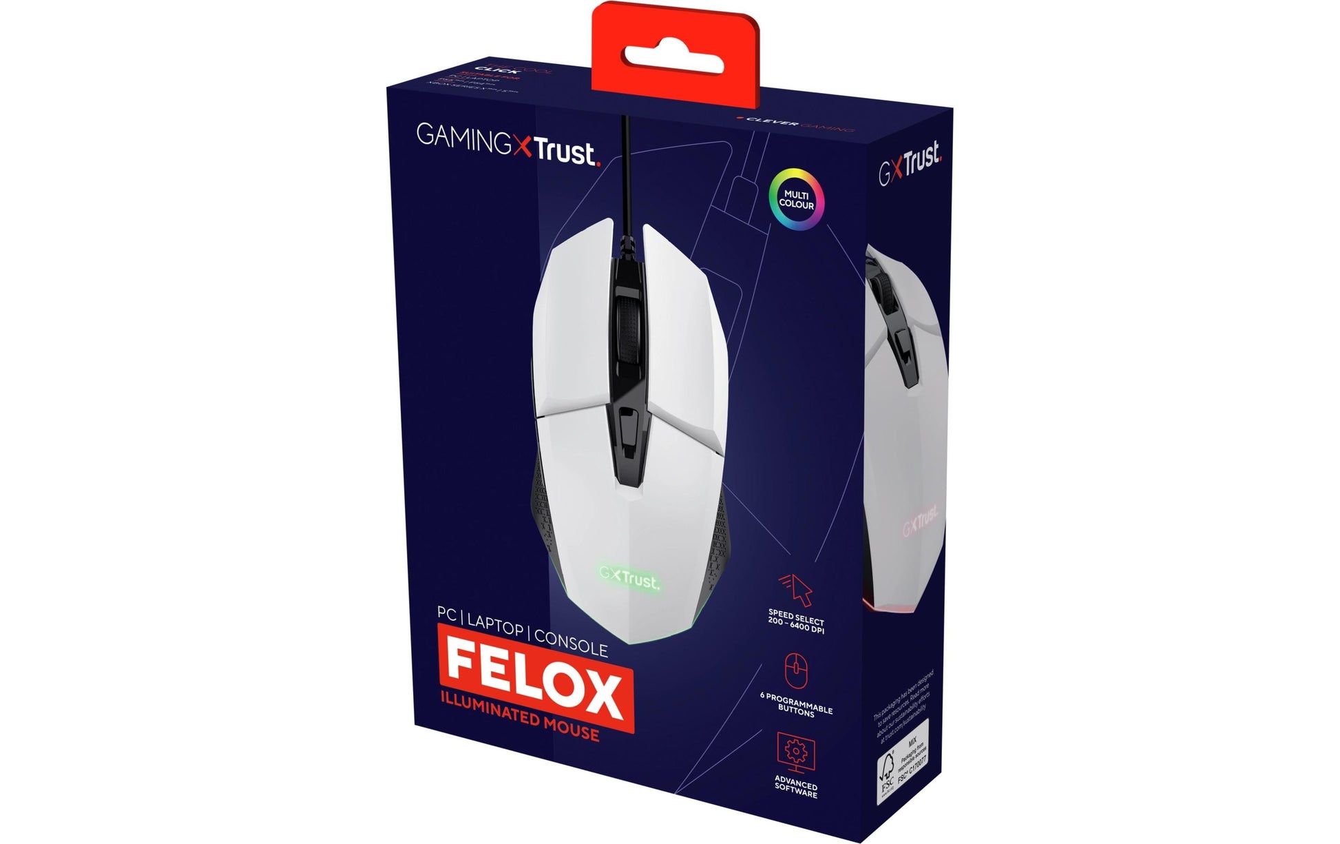 Trust GXT 109W Felox – Gaming-Maus – Kabelgebunden (USB-A), 6400 DPI, Rechts, Weiss
