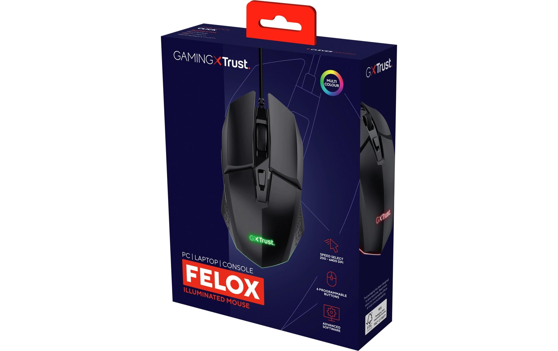 Trust GXT109 Felox Gaming-Maus – kabelgebunden, beidhändig, programmierbare Tasten, RGB-Beleuchtung, schwarz