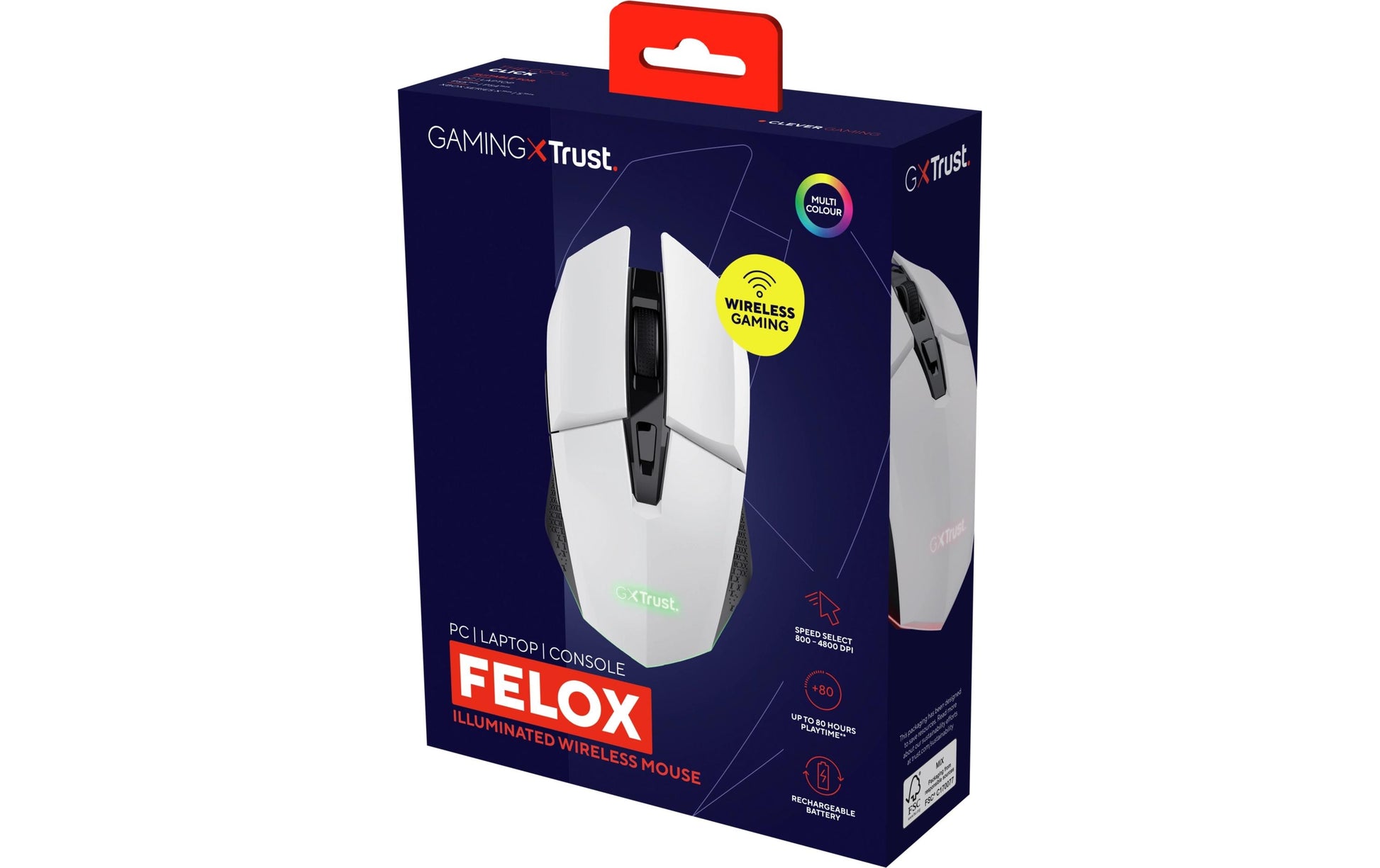 Trust GXT 110 Felox – Gaming-Maus – Kabellos (2,4 GHz), 4800 DPI, RGB-Beleuchtung, rechts, Weiss