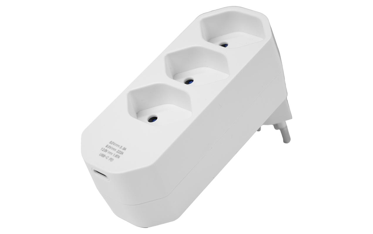 Steffen Steckdosenleiste, 4×T13, 1×USB-C, Stecker T12 (abgewinkelt), 320° drehbar – weiss