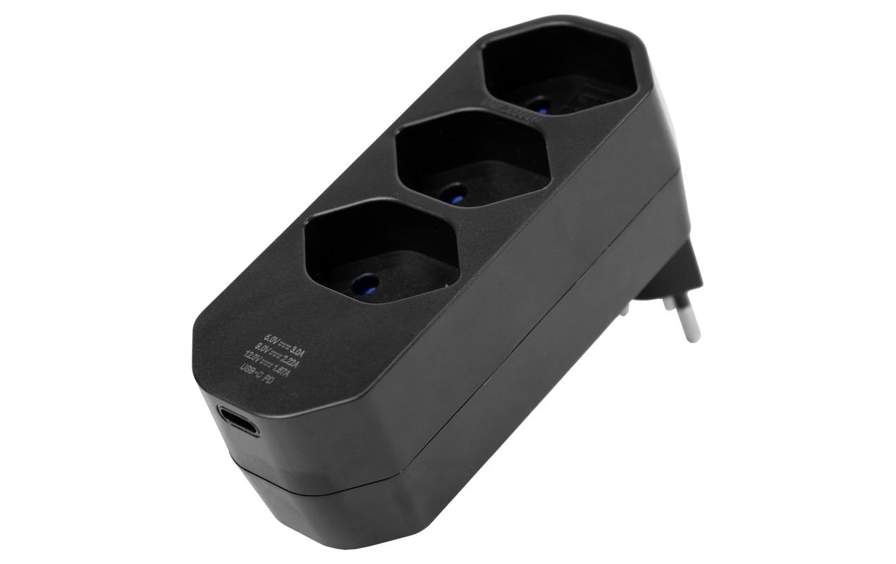 Steffen Steckdosenleiste, 4×T13, 1×USB-C, ohne Schalter, abgewinkelter T12-Stecker, 42×75×110 mm – schwarz
