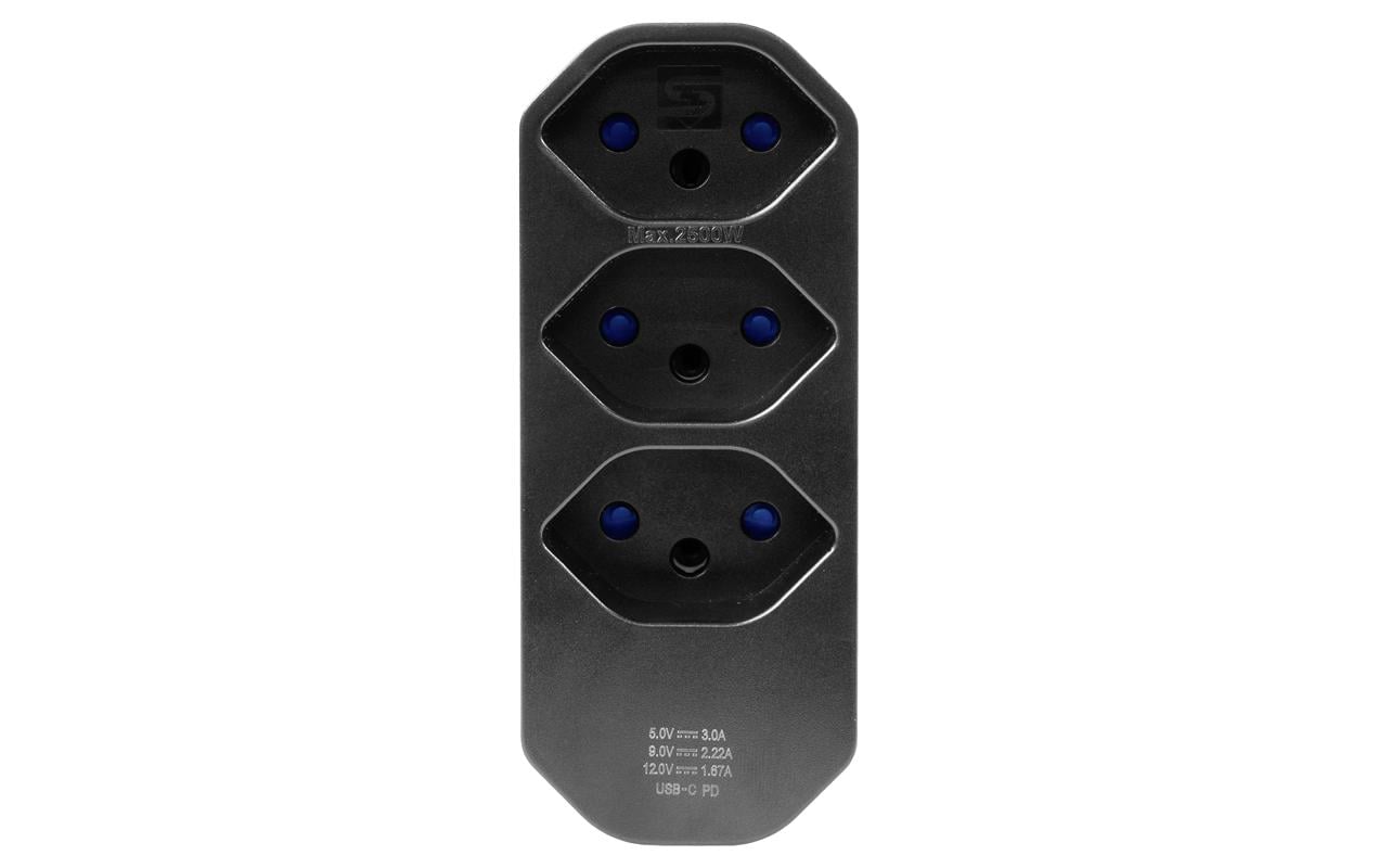 Steffen Steckdosenleiste, 4×T13, 1×USB-C, ohne Schalter, abgewinkelter T12-Stecker, 42×75×110 mm – schwarz