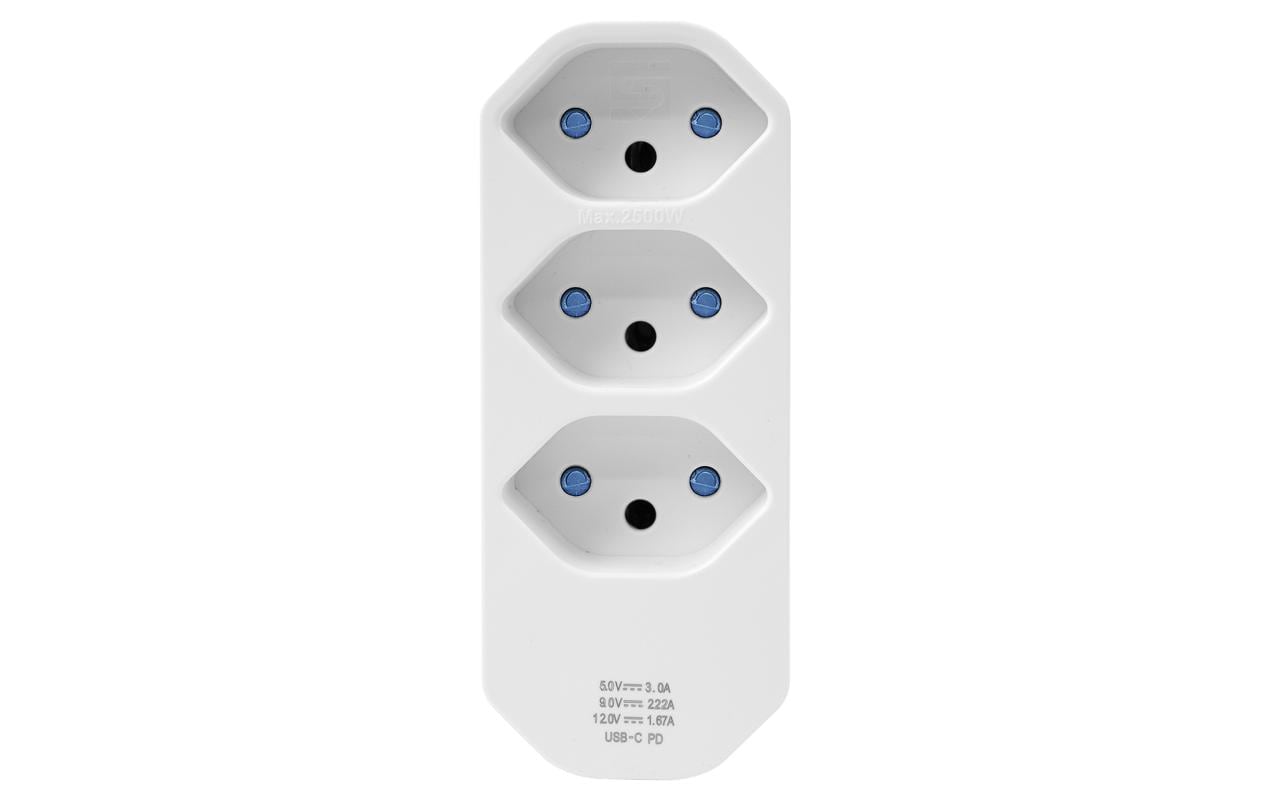 Steffen Steckdosenleiste, 4×T13, 1×USB-C, Stecker T12 (abgewinkelt), 320° drehbar – weiss