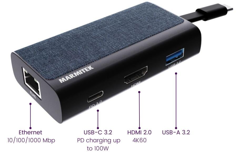 Marmitek Connect 4 USB-Hub – USB-C, HDMI, 1× USB-A, GbE