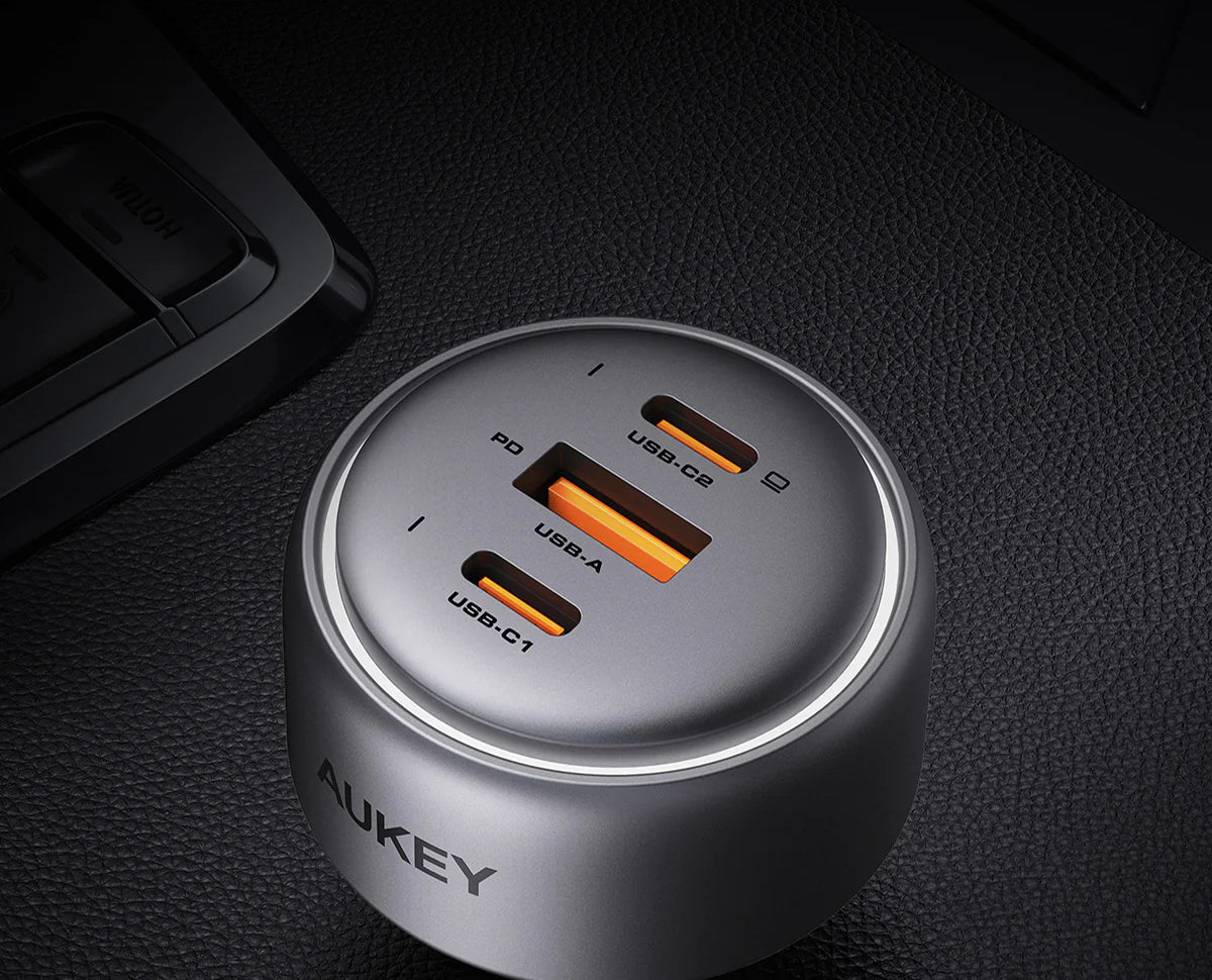 AUKEY Pathfinder CC-P3 Auto-Ladegerät 100 W – USB-C×2, USB-A×1 – PD, PPS – für Zigarettenanzünder – Schwarz