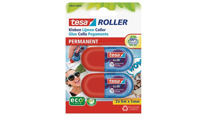 TESA Kleberoller – extra stark – 5 mm × 6 m – 2 Stück – transparent trocknend, lösungsmittelfrei