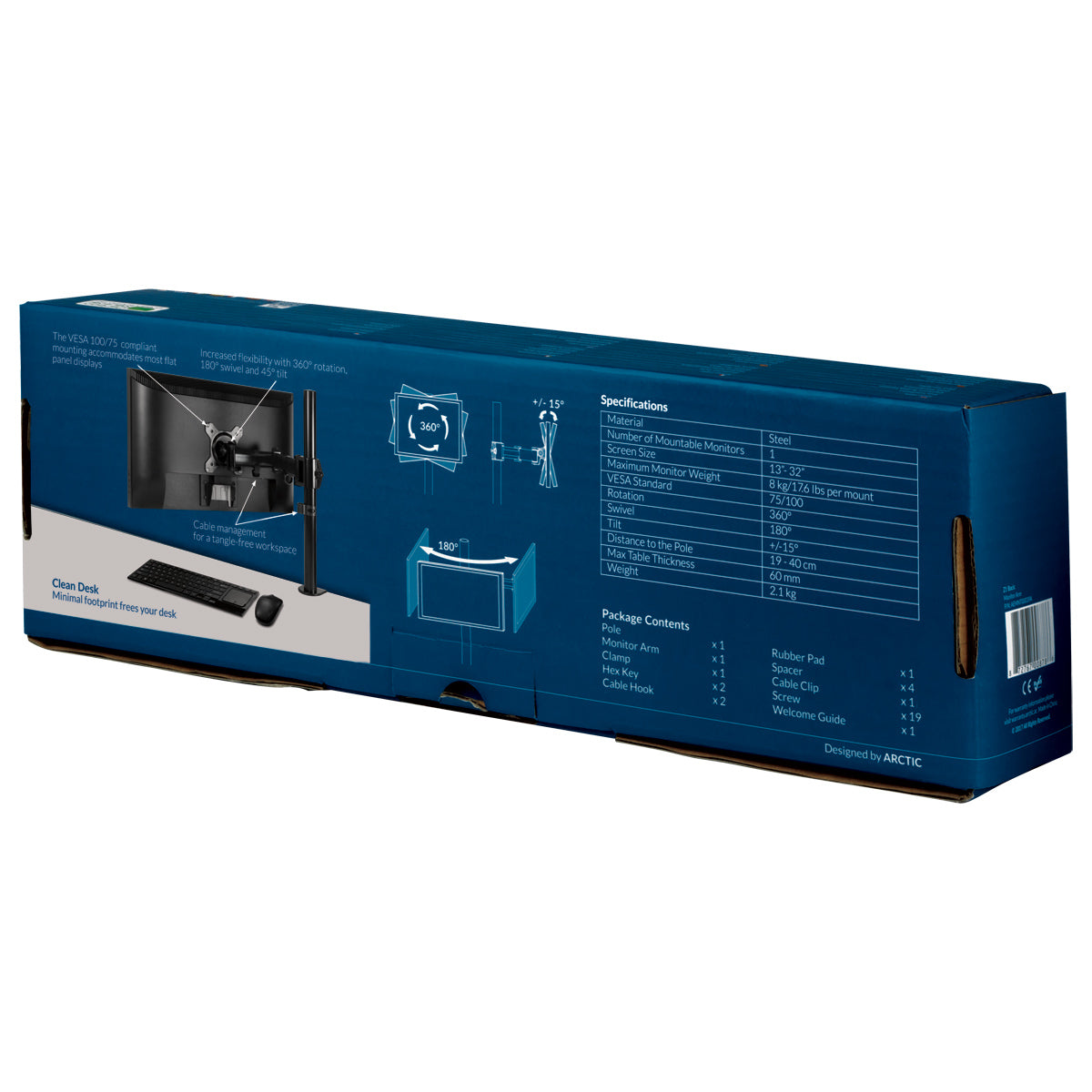 ARCTIC Z1 Basic – Monitorarm Tischhalterung – Klemme/Durchführung – 1 Monitor – 13–34" – VESA 75×75/100×100 mm
