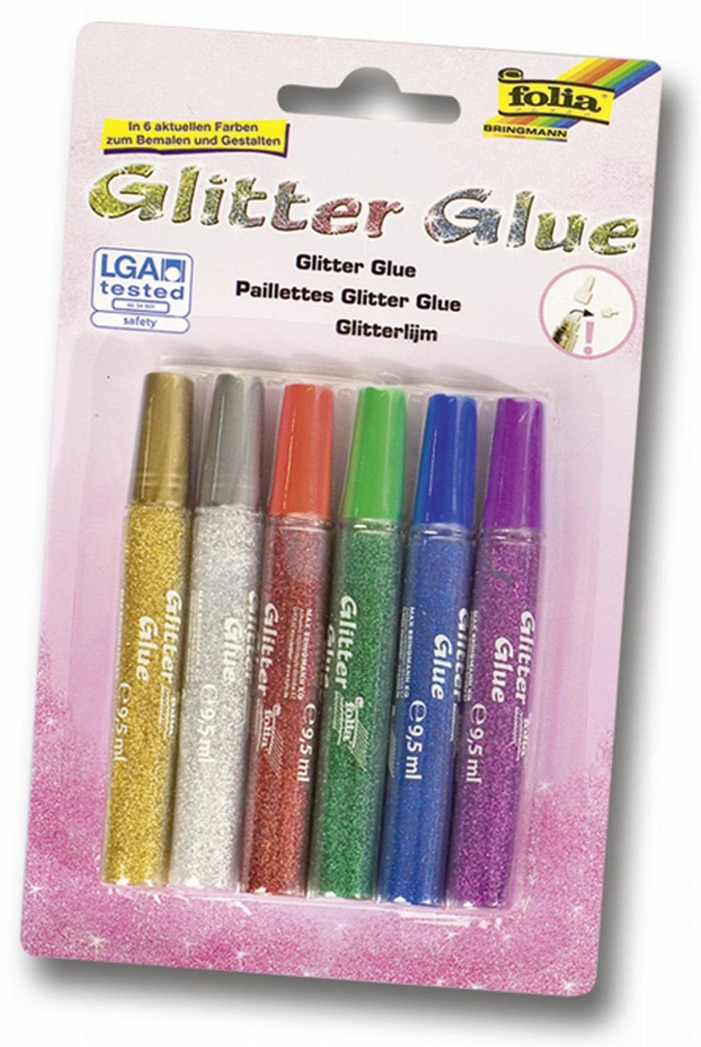 Folia Glitzerkleber – farbig sortiert – Set 6 × 9,5 ml – auswaschbar, lösungsmittelfrei