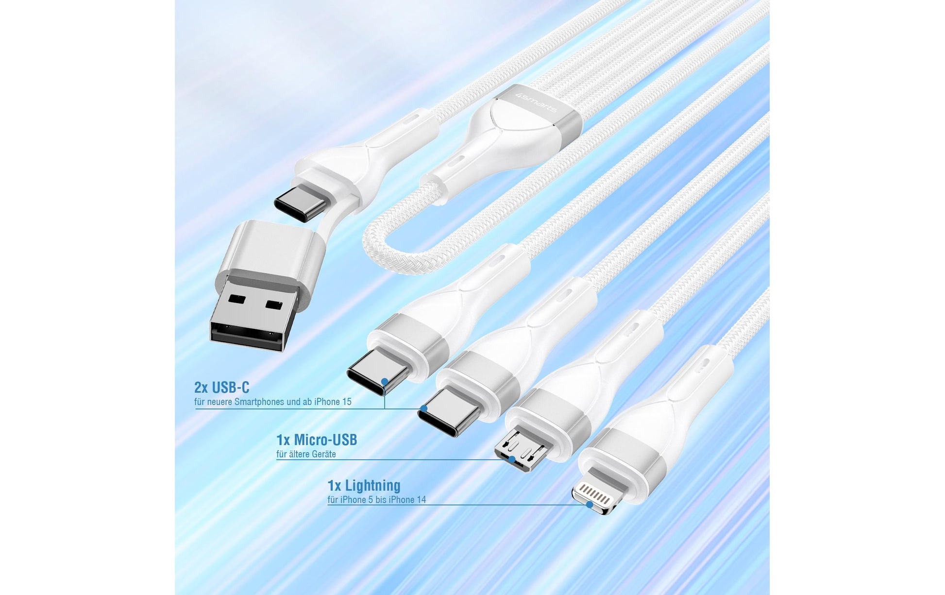 4smarts Multi-Kabel – 4-in-1 USB-A/USB-C auf USB-C/Micro-USB/Lightning 1,2 m, Weiss – für iPhone/Android