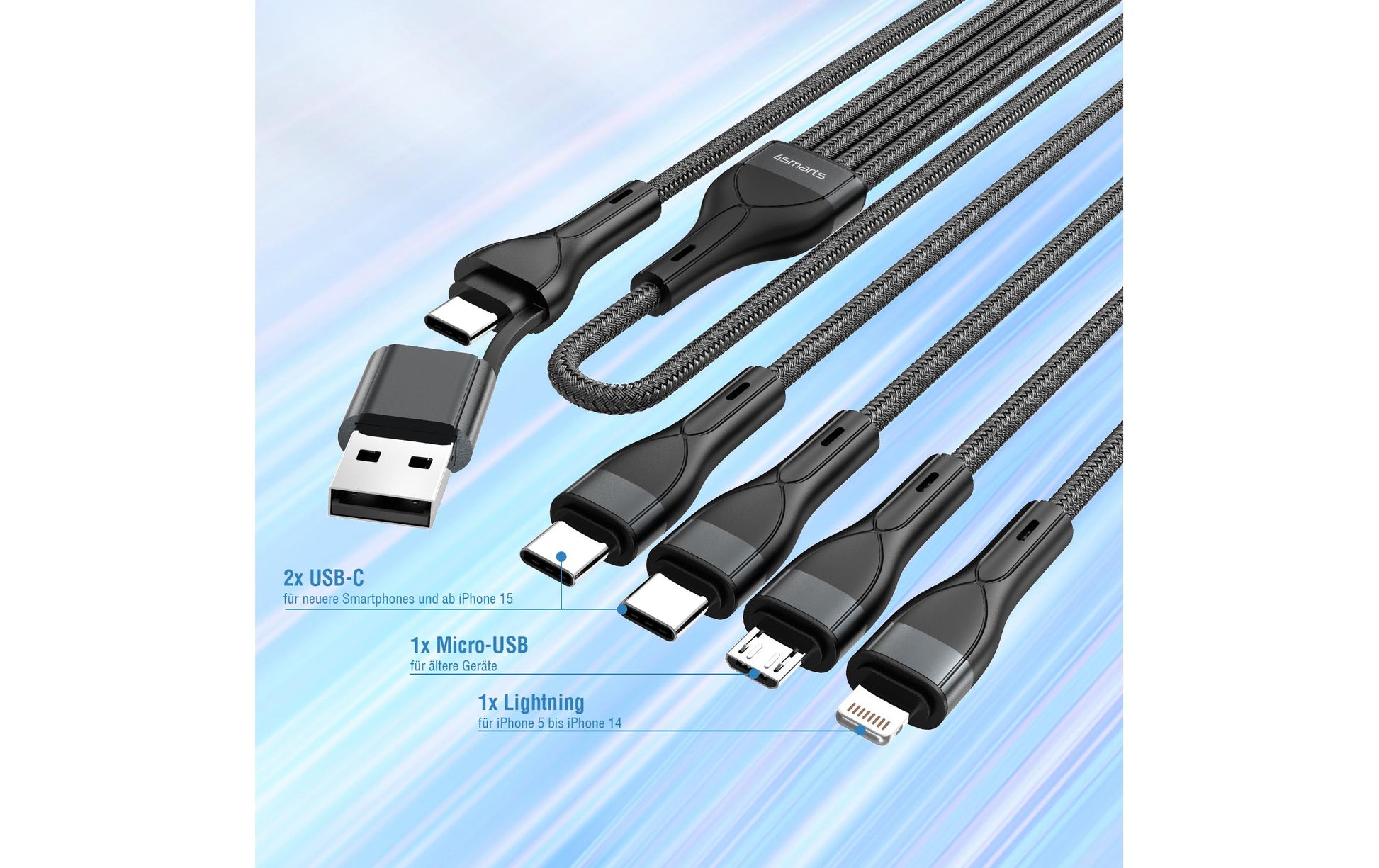 4smarts Multi-Kabel – 4-in-2 USB-A/USB-C auf USB-C/Micro-USB/Lightning 1,2 m, PD 15 W, geflochten