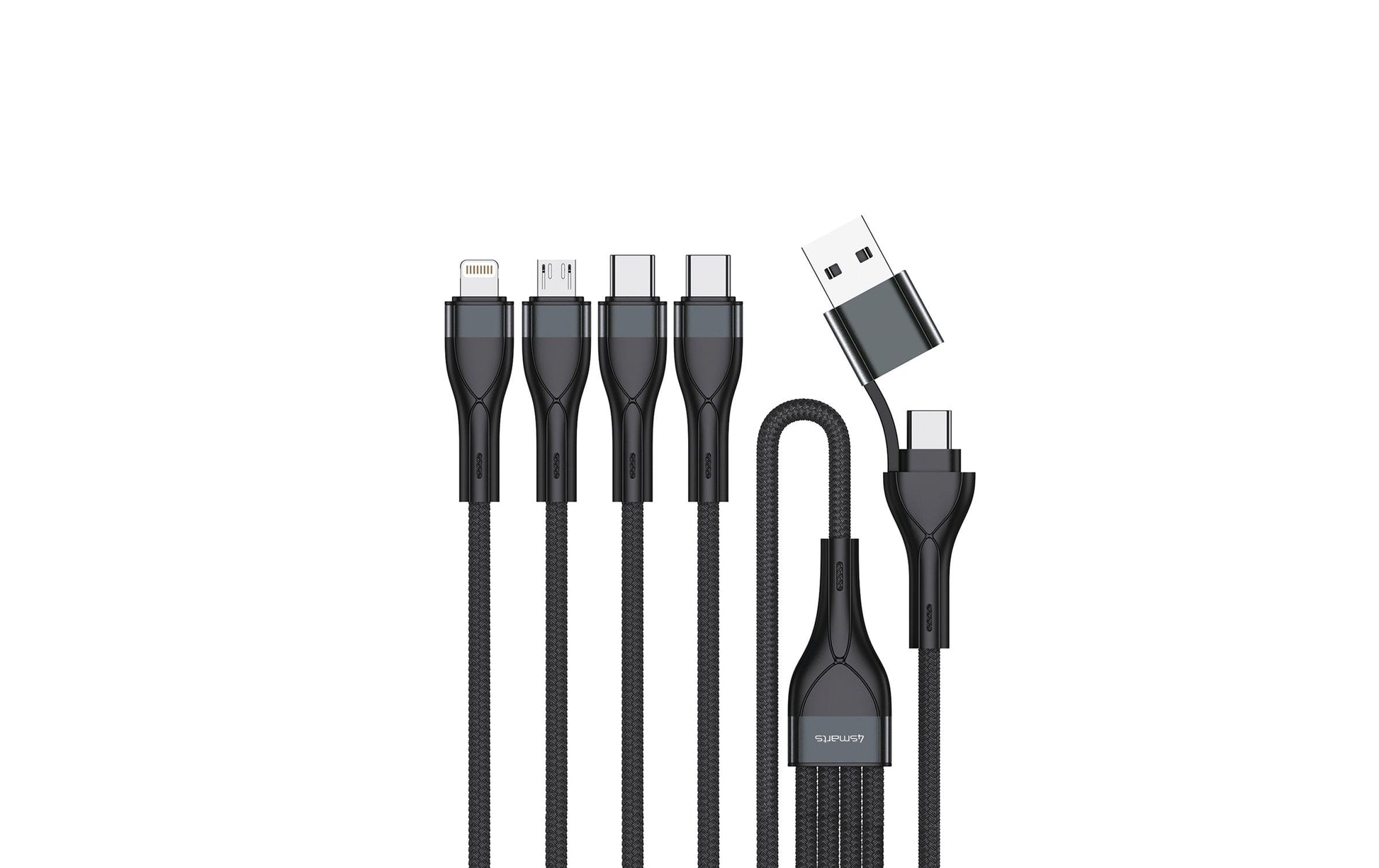 4smarts Multi-Kabel – 4-in-2 USB-A/USB-C auf USB-C/Micro-USB/Lightning 1,2 m, PD 15 W, geflochten