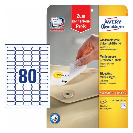 AVERY Zweckform L4732REV-10 – Etiketten A4 36 × 17 mm – Papier, weiss – wiederablösbar – Laser/Inkjet – FSC 10