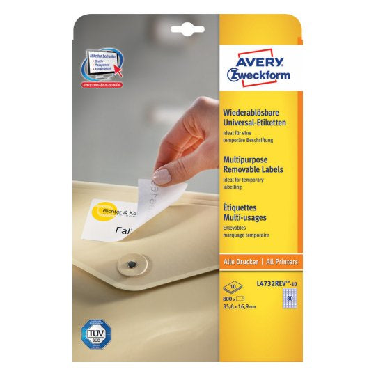 AVERY Zweckform L4732REV-10 – Etiketten A4 36 × 17 mm – Papier, weiss – wiederablösbar – Laser/Inkjet – FSC 10