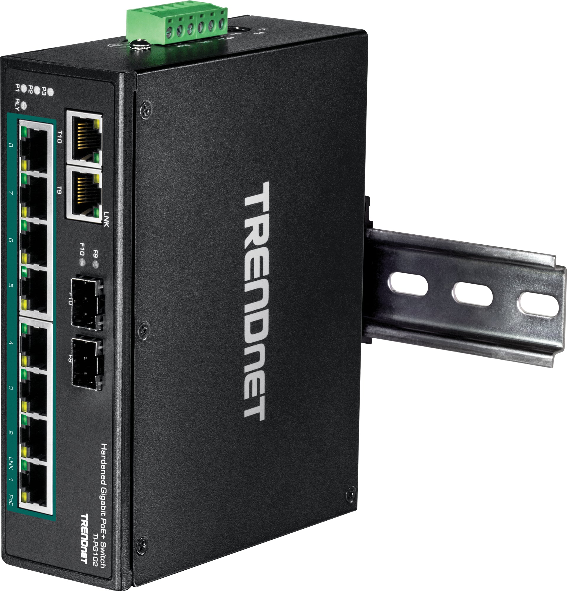 TRENDnet TI-PG102 – Unmanaged Switch – 8× 1G PoE+, 2× 1G (RJ-45/SFP shared), PoE-Budget 240 W, DIN-Rail