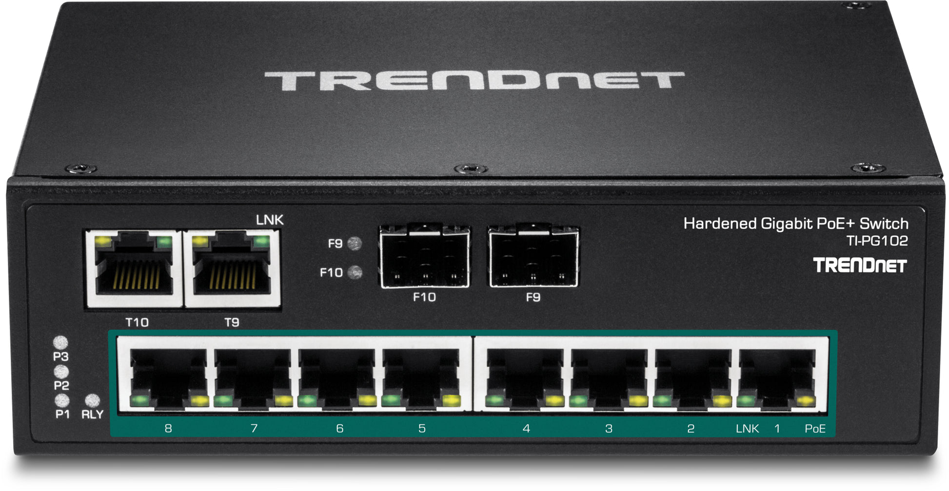 TRENDnet TI-PG102 – Unmanaged Switch – 8× 1G PoE+, 2× 1G (RJ-45/SFP shared), PoE-Budget 240 W, DIN-Rail
