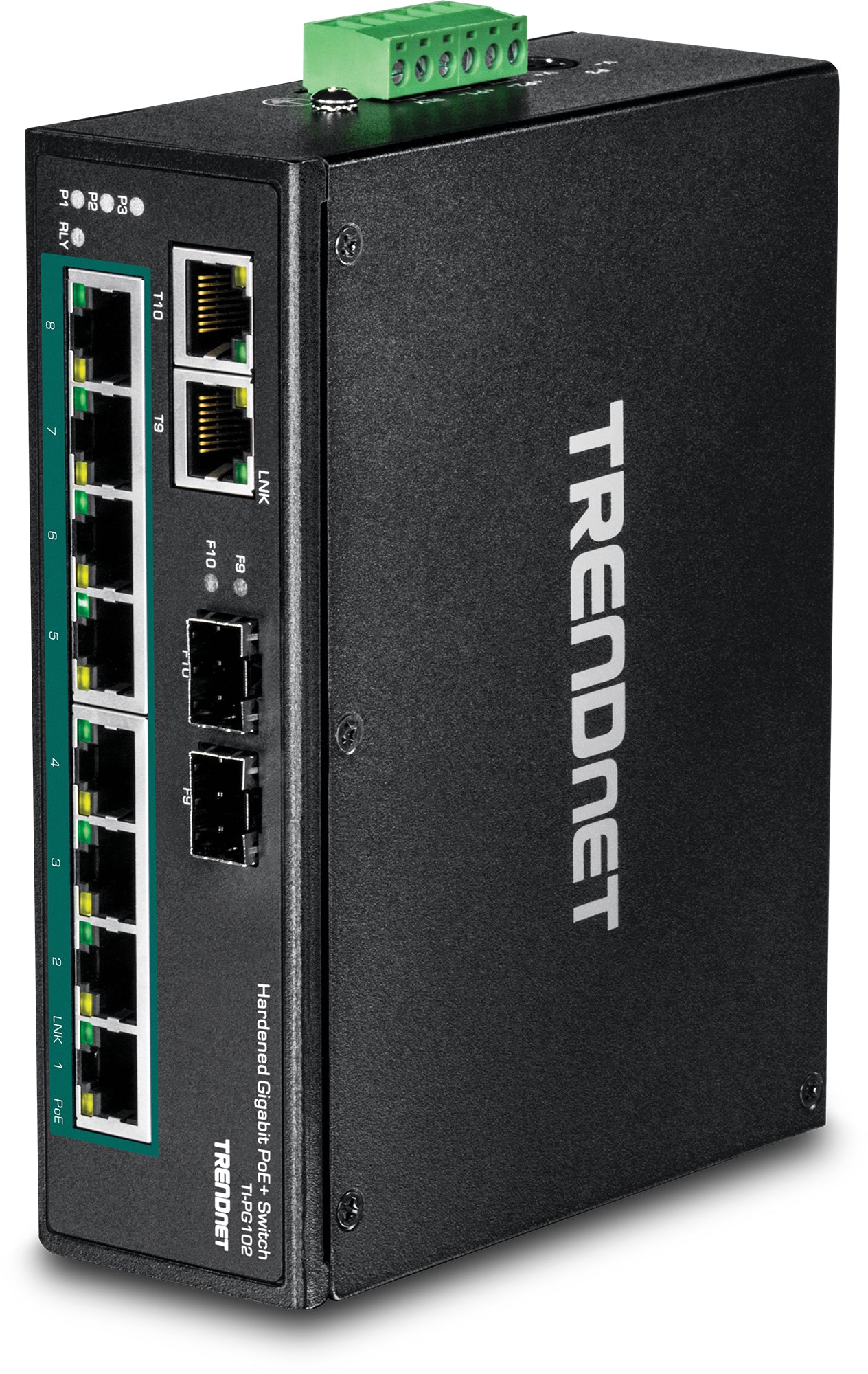 TRENDnet TI-PG102 – Unmanaged Switch – 8× 1G PoE+, 2× 1G (RJ-45/SFP shared), PoE-Budget 240 W, DIN-Rail