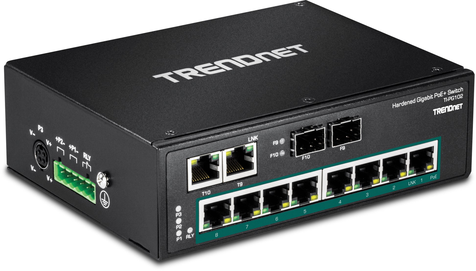 TRENDnet TI-PG102 – Unmanaged Switch – 8× 1G PoE+, 2× 1G (RJ-45/SFP shared), PoE-Budget 240 W, DIN-Rail