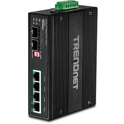TRENDnet TI-PG62B – Unmanaged L2 Switch – 5× 1G (4× PoE+), 2× SFP, PoE-Budget 120 W, DIN-Rail