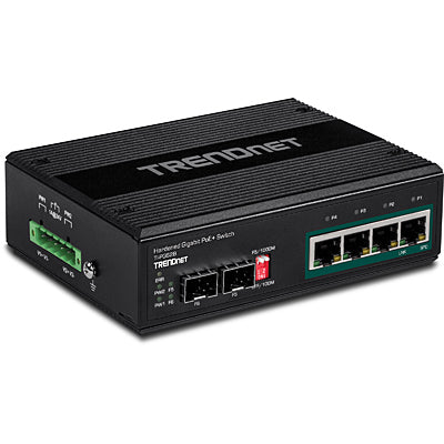 TRENDnet TI-PG62B – Unmanaged L2 Switch – 5× 1G (4× PoE+), 2× SFP, PoE-Budget 120 W, DIN-Rail