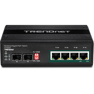 TRENDnet TI-PG62B – Unmanaged L2 Switch – 5× 1G (4× PoE+), 2× SFP, PoE-Budget 120 W, DIN-Rail