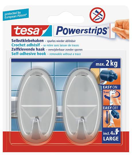 TESA Powerstrips L Haken – Kunststoff – Chrom – 2 kg – 2 Stück