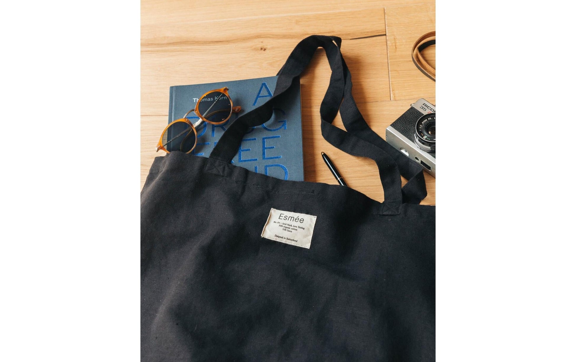 Esmée Stofftasche, Baumwolle/Leinen, Schwarz, 470×400×50 mm, Lange Henkel
