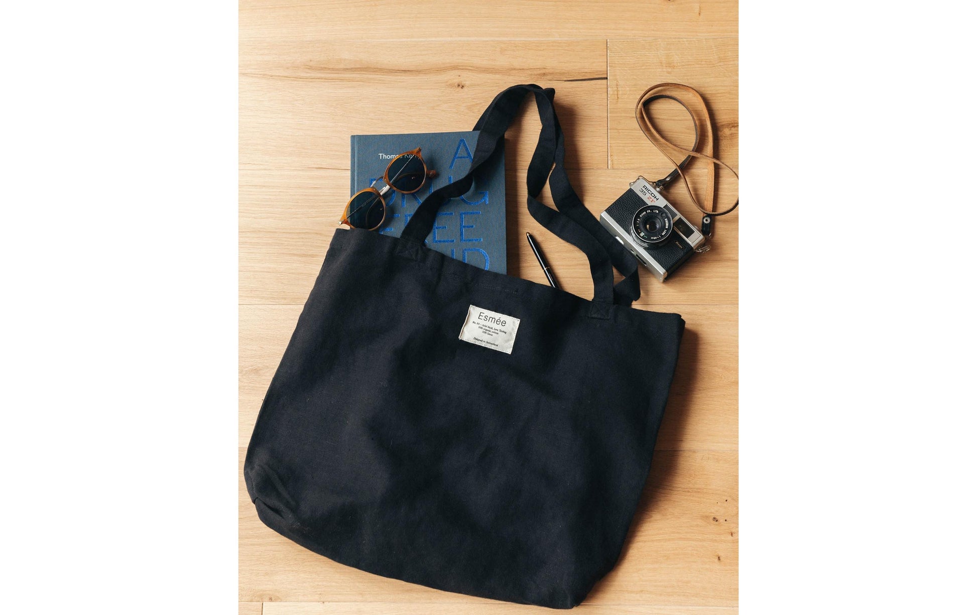 Esmée Stofftasche, Baumwolle/Leinen, Schwarz, 470×400×50 mm, Lange Henkel