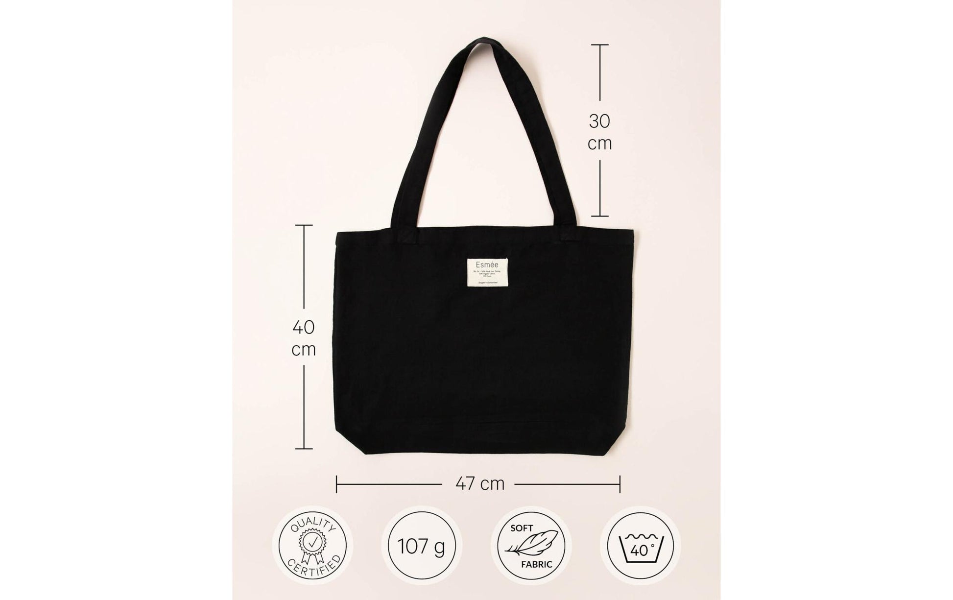 Esmée Stofftasche, Baumwolle/Leinen, Schwarz, 470×400×50 mm, Lange Henkel