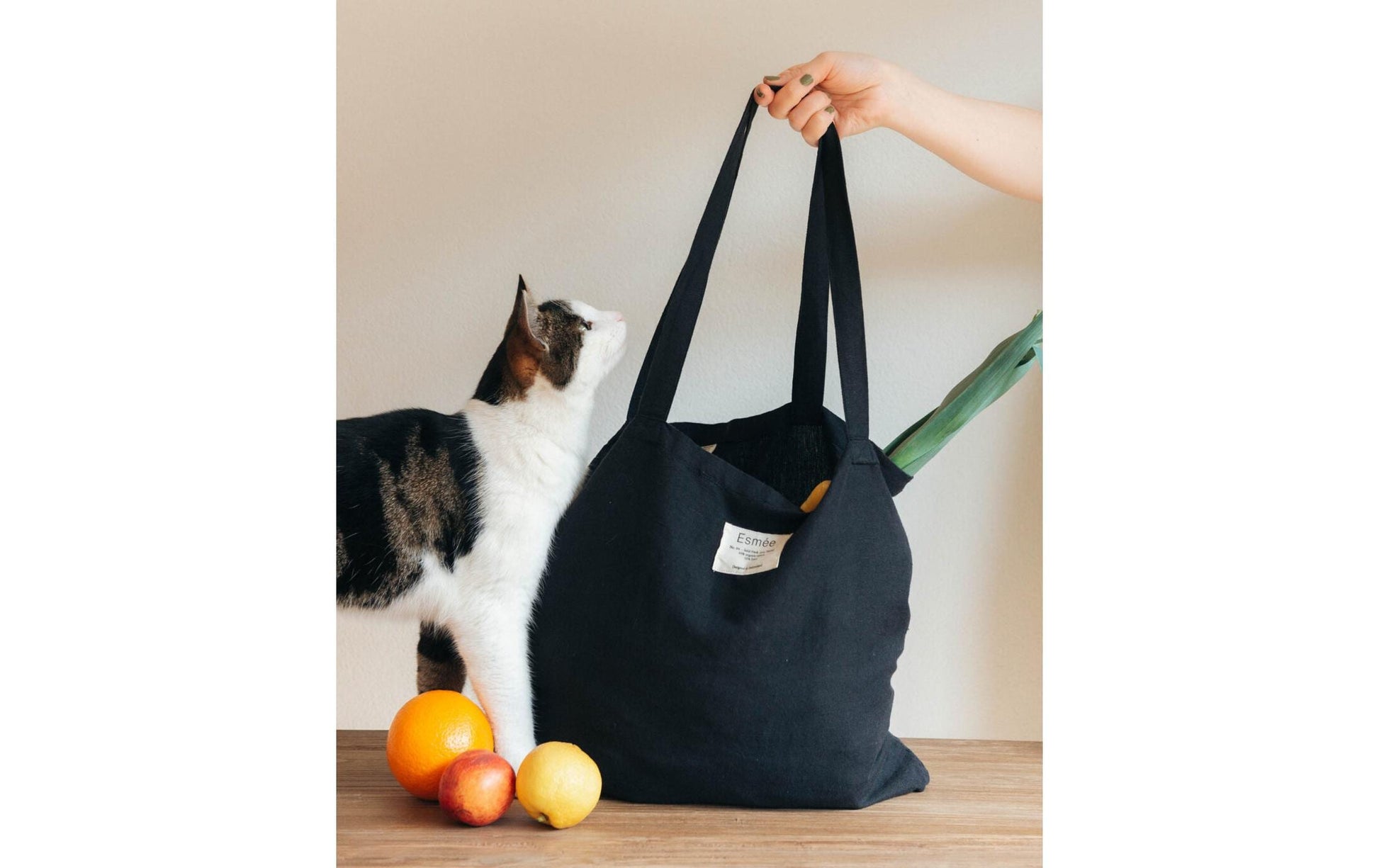 Esmée Stofftasche, Baumwolle/Leinen, Schwarz, 470×400×50 mm, Lange Henkel